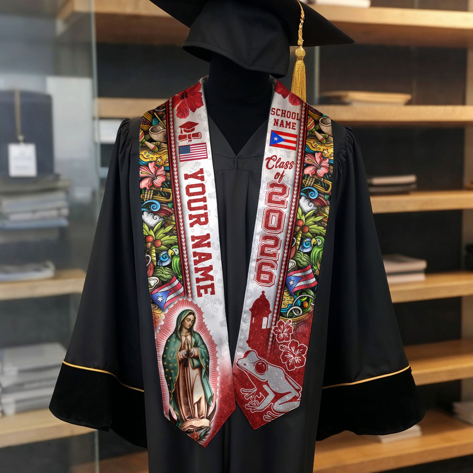 Puerto Rico Graduation Stole 2026, Puerto Rican Flag Sash, Custom Detail Option for Grads