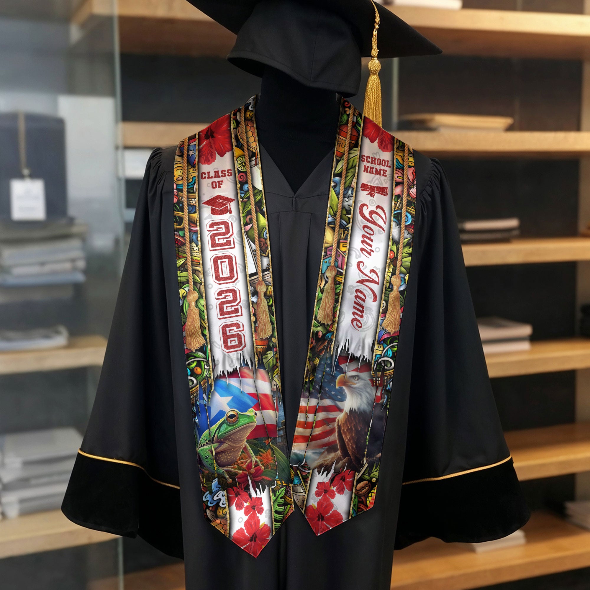 Puerto Rico Flag Graduation Stole 2026, Puerto Rican Graduation Sash, Custom Trim Finish