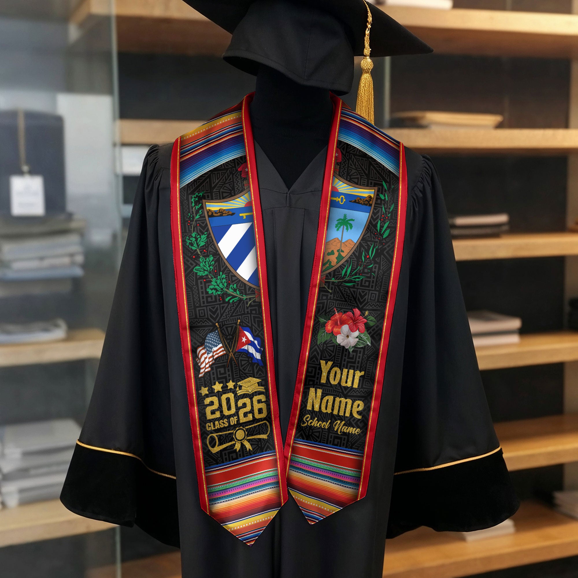 Cuba Graduation Stole 2026, Cuban Flag Sash, Tailored Detail for Class of 2026 Graduates