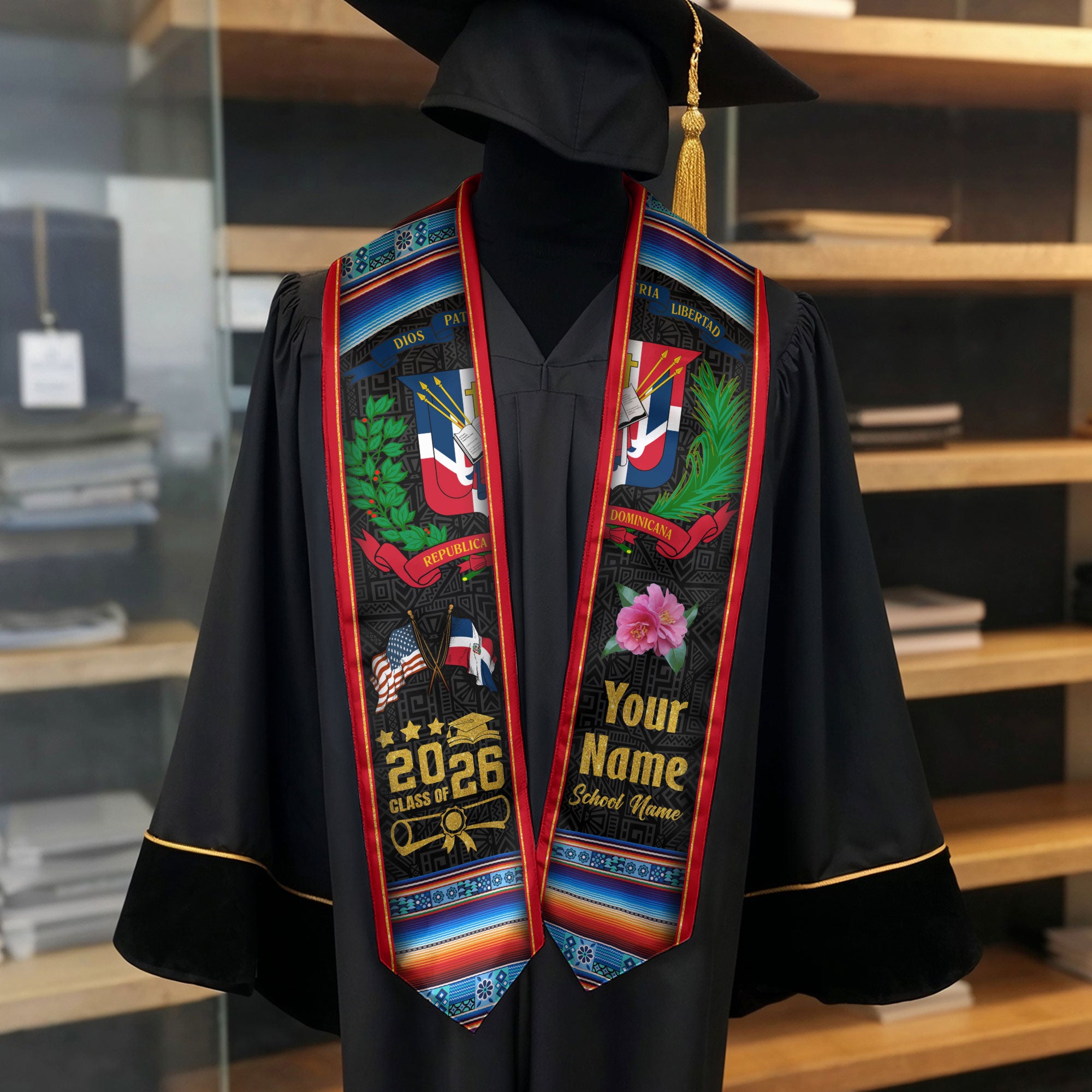 Dominican Graduation Stole 2026, Dominican Flag Sash, Tailored Detail for Class of 2026