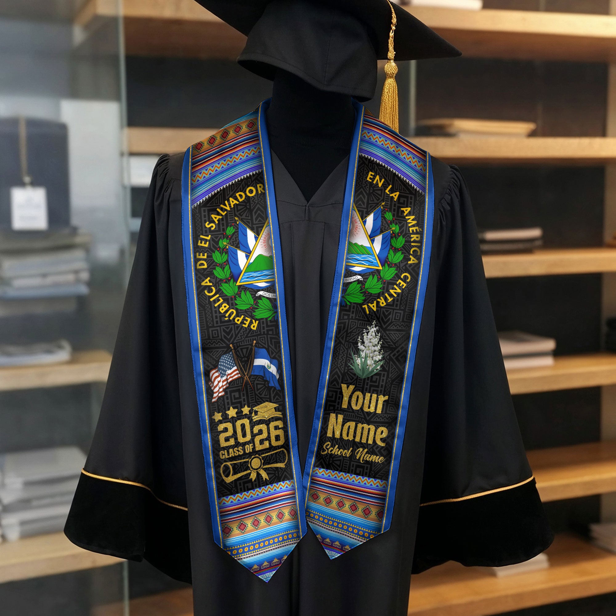 El Salvador Graduation Stole 2026, Salvadoran Flag Sash, Tailored Detail for Class of 2026