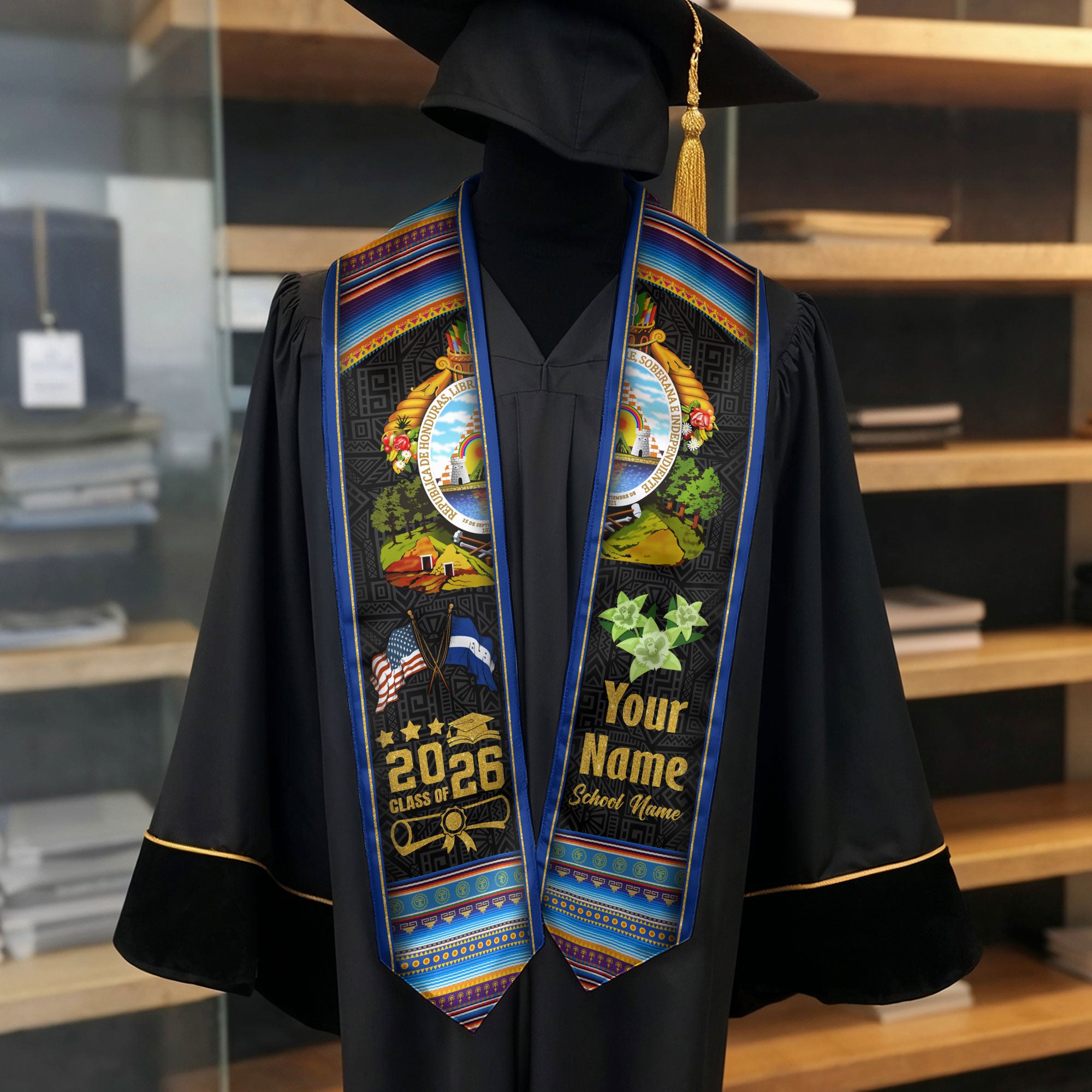 Honduras Graduation Stole 2026, Honduran Flag Sash, Tailored Detail for Class of 2026