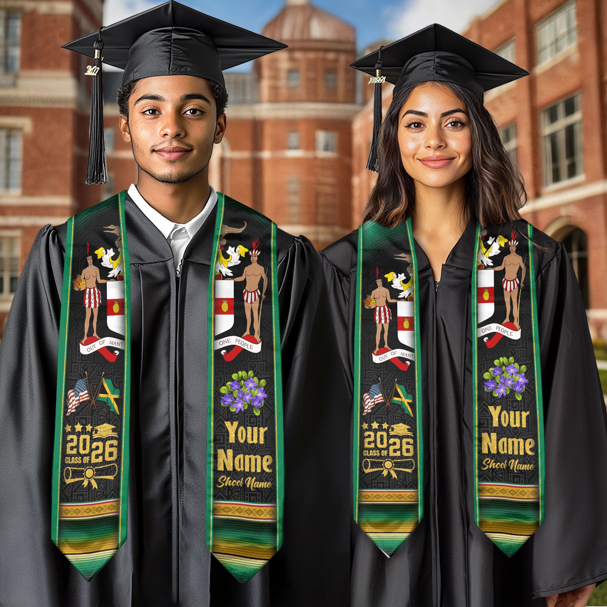 Jamaica Graduation Stole 2026, Jamaican Flag Sash, Custom Touch Option for Class of 2026