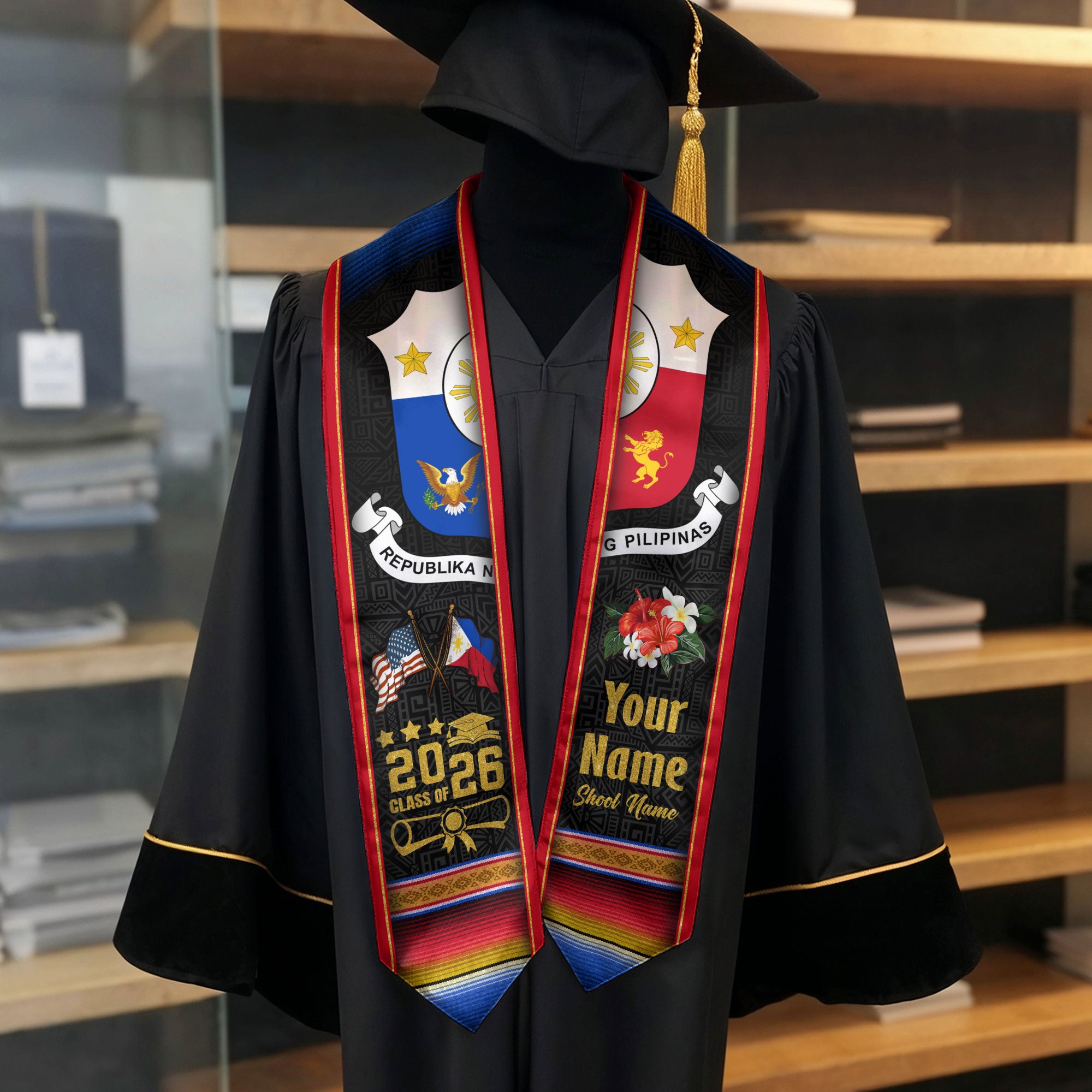 Philippines Graduation Stole 2026, Filipino Flag Sash, Tailored Detail for Class of 2026