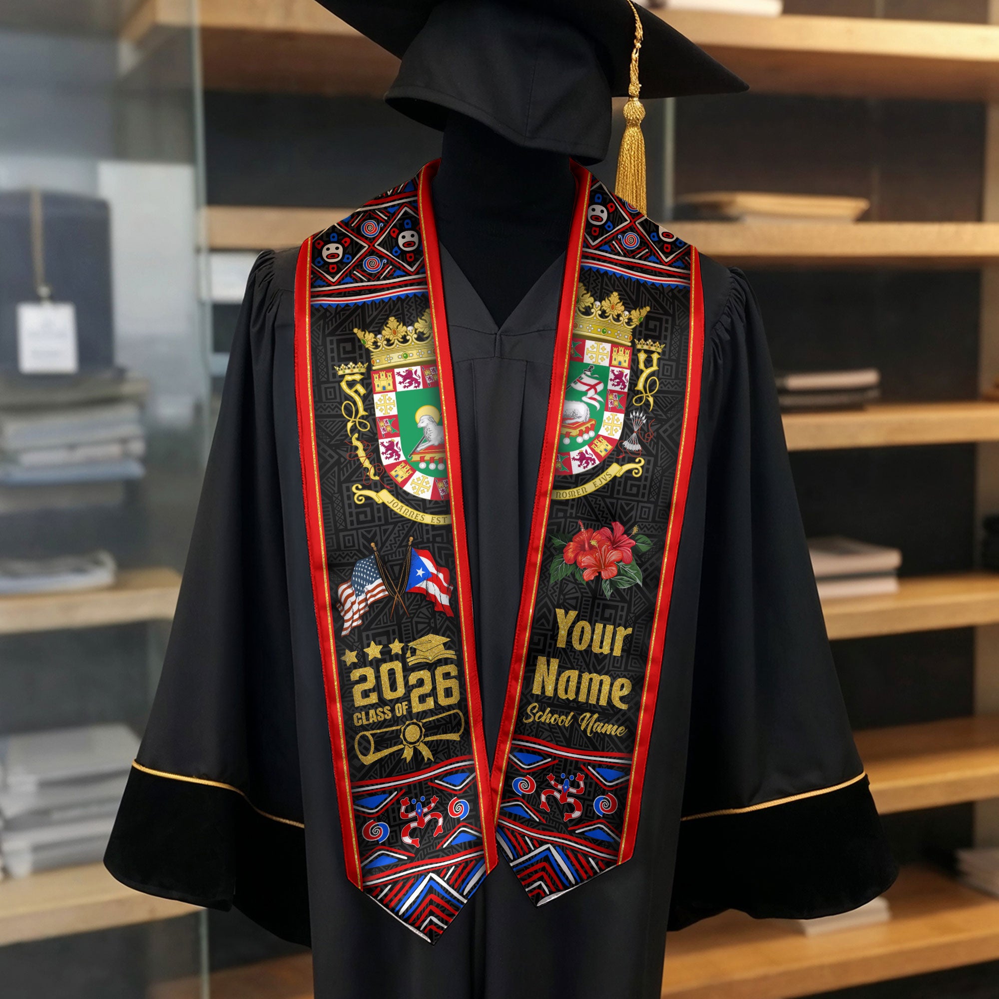 Puerto Rico Graduation Stole 2026, Puerto Rican Flag Sash, Tailored Detail for Class of 2026