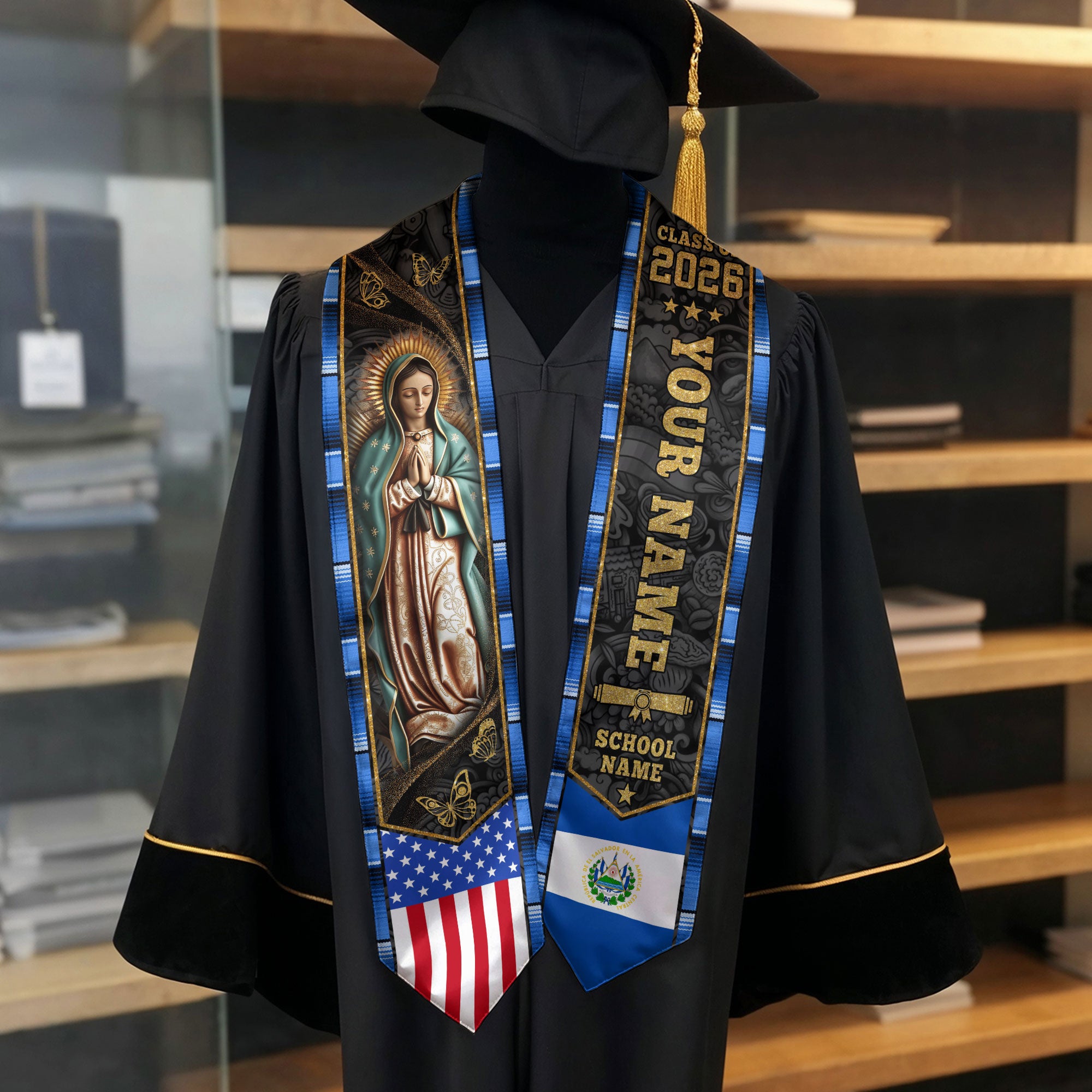 Salvadoran Flag Graduation Sash 2026, El Salvador Graduation Stole, Bespoke Touch