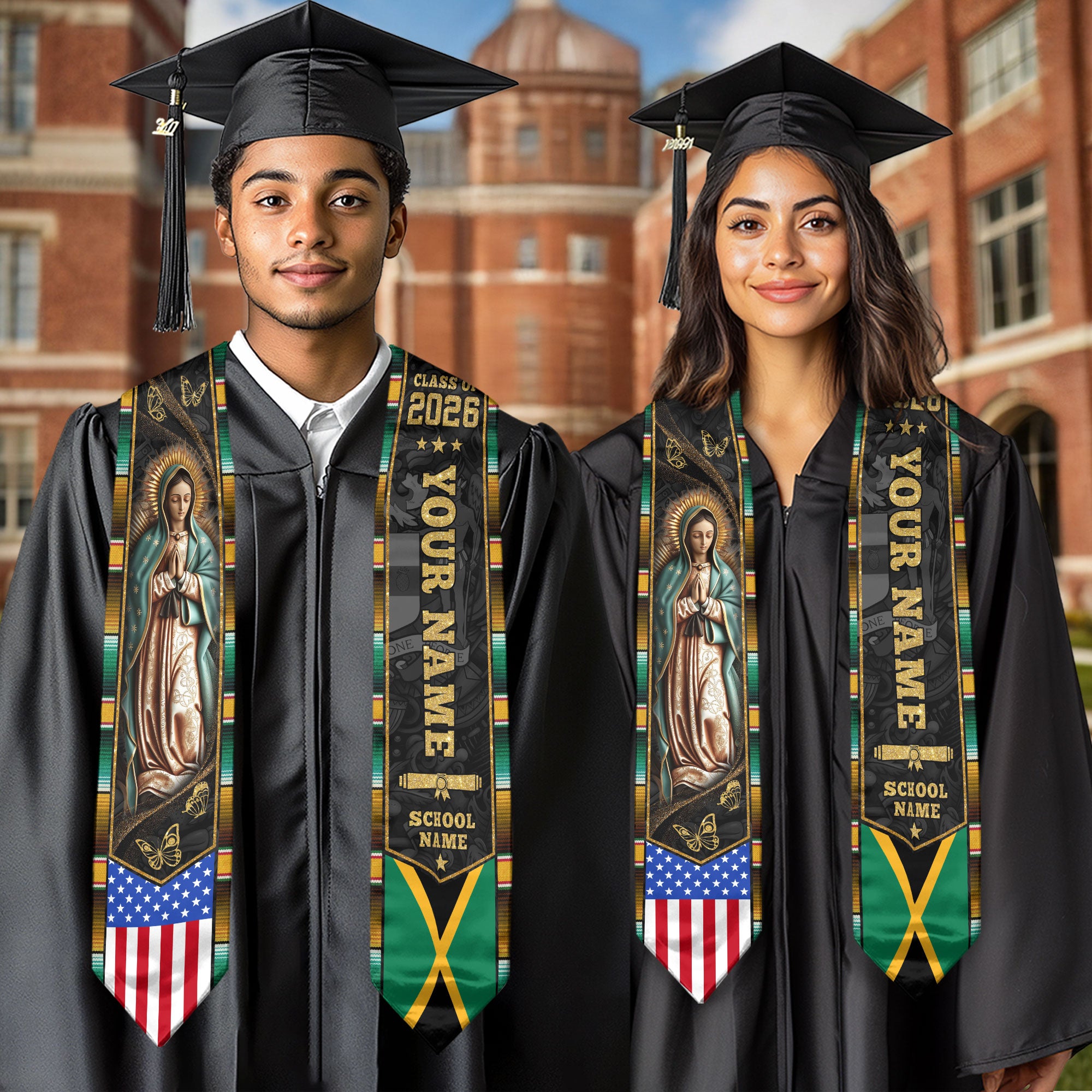 Jamaican Flag Graduation Sash 2026, Jamaica Graduation Stole, Custom Detail for Grads