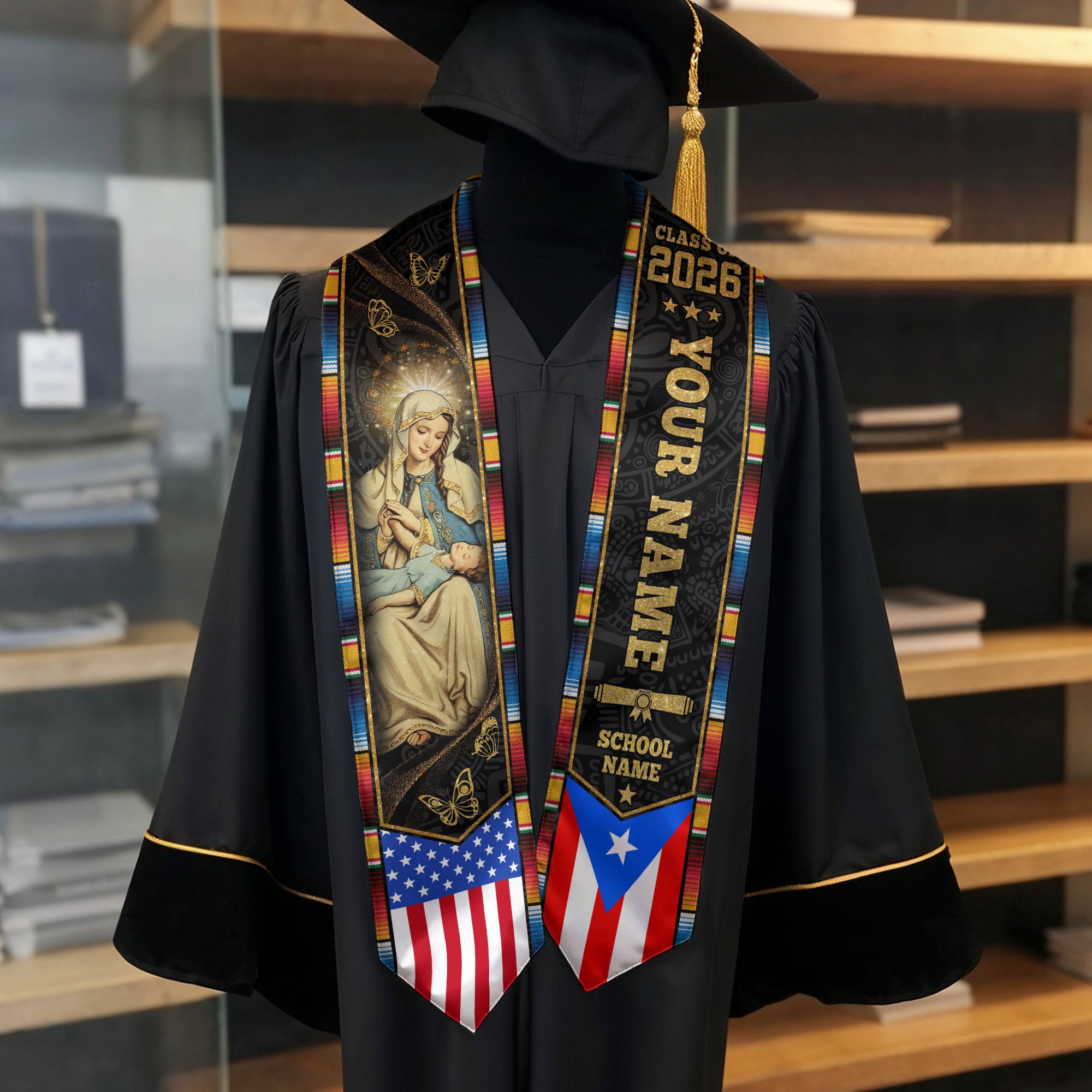 Puerto Rican Flag Graduation Sash 2026, Puerto Rico Graduation Stole, Bespoke Touch