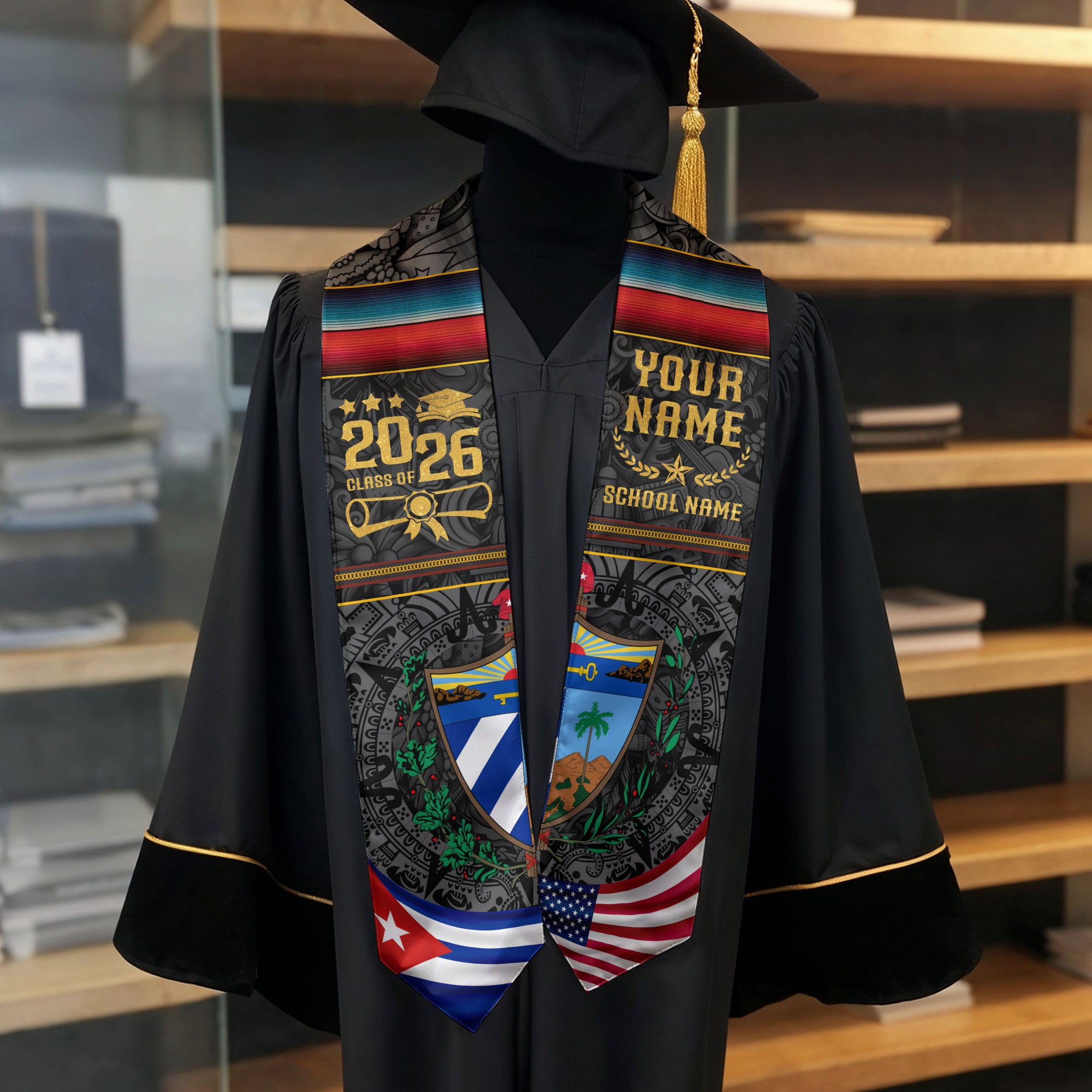 Cuba Flag Graduation Stole 2026, Cuban Grad Sash, Signature Finish for Class of 2026