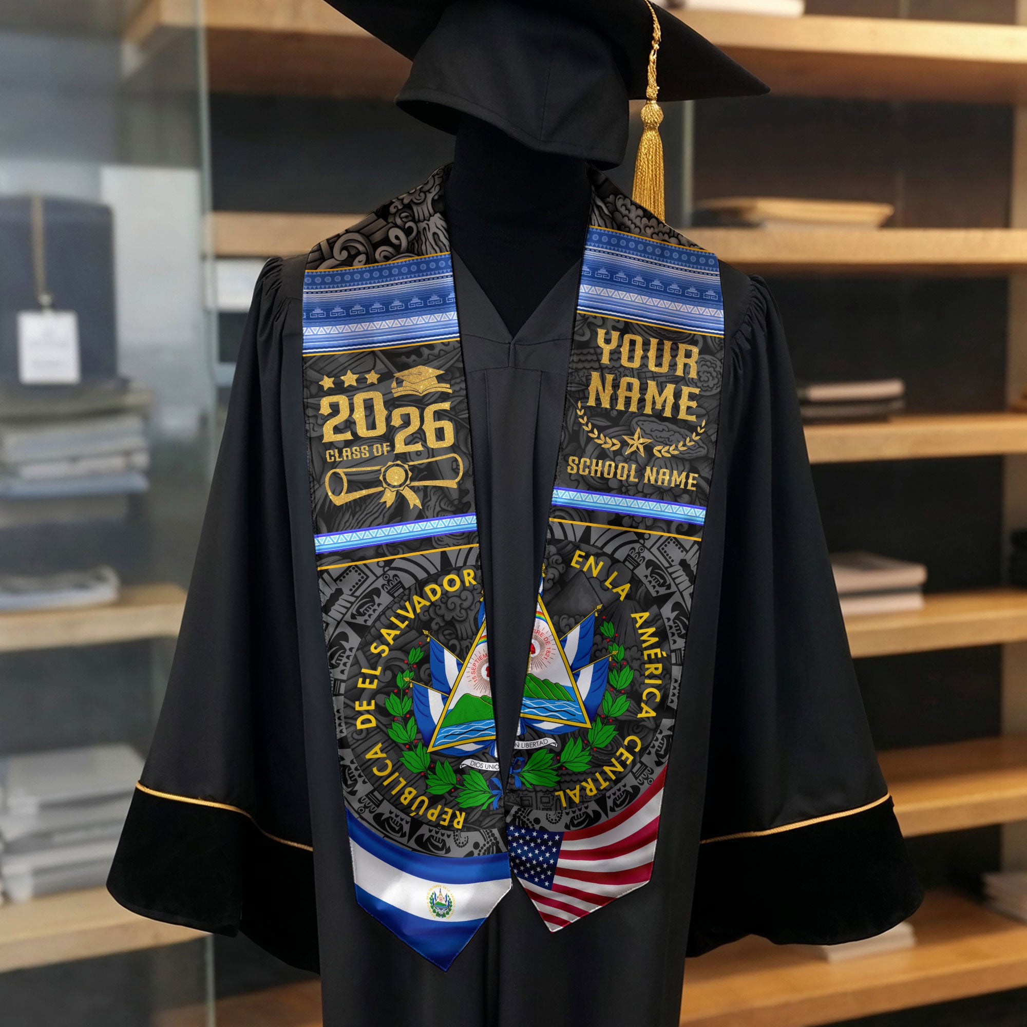 El Salvador Flag Graduation Stole 2026, Salvadoran Grad Sash, Signature Finish for 2026