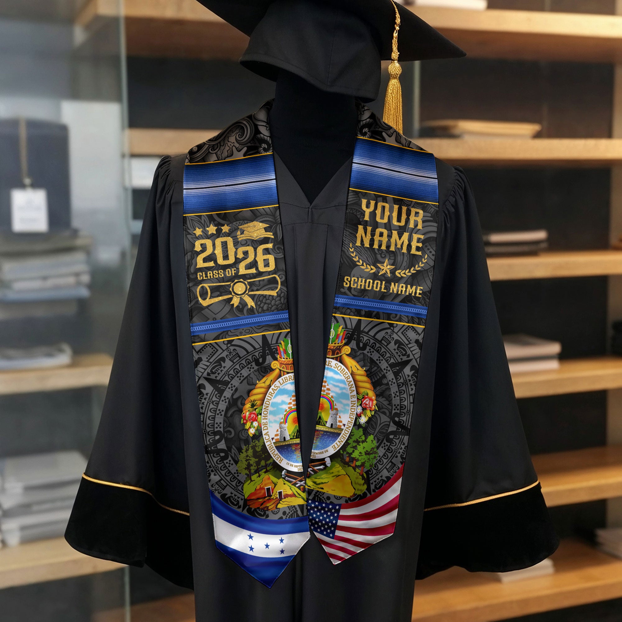 Honduras Flag Graduation Stole 2026, Honduran Grad Sash, Signature Finish for 2026