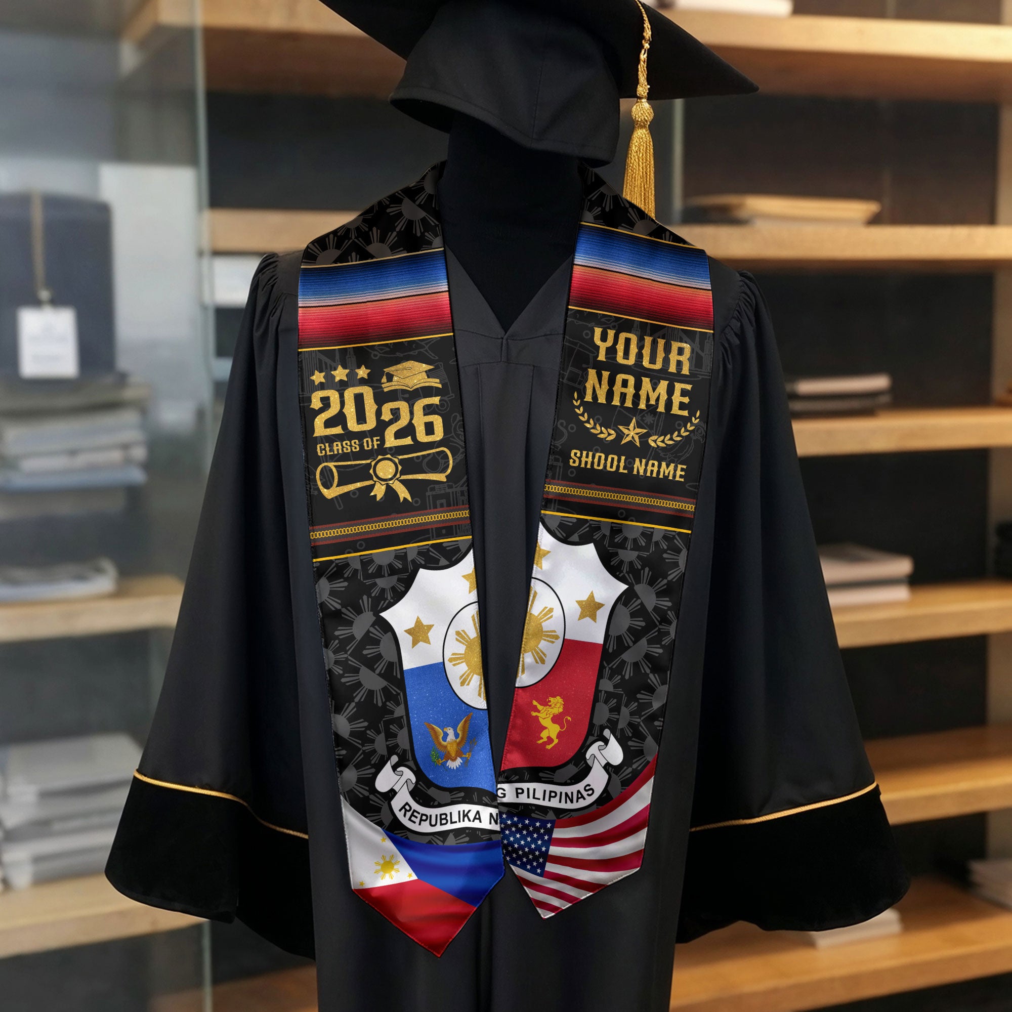 Philippines Flag Graduation Stole 2026, Filipino Grad Sash, Signature Custom Finish 2026