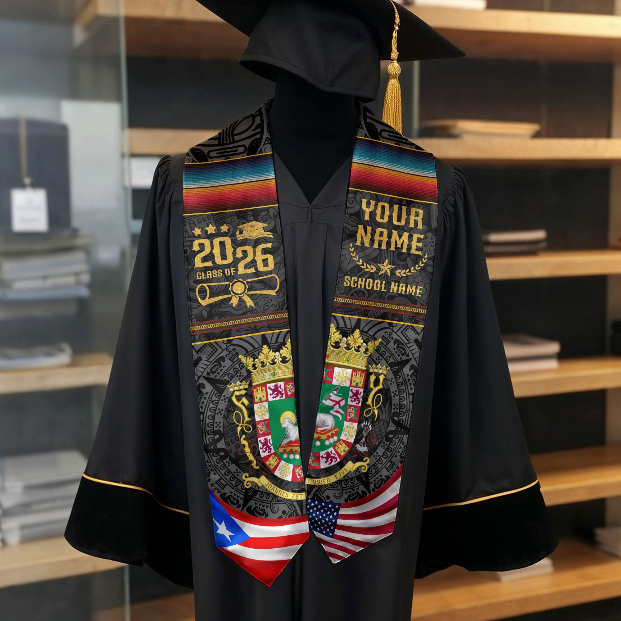 Puerto Rico Flag Graduation Stole 2026, Puerto Rican Grad Sash, Signature Finish for 2026