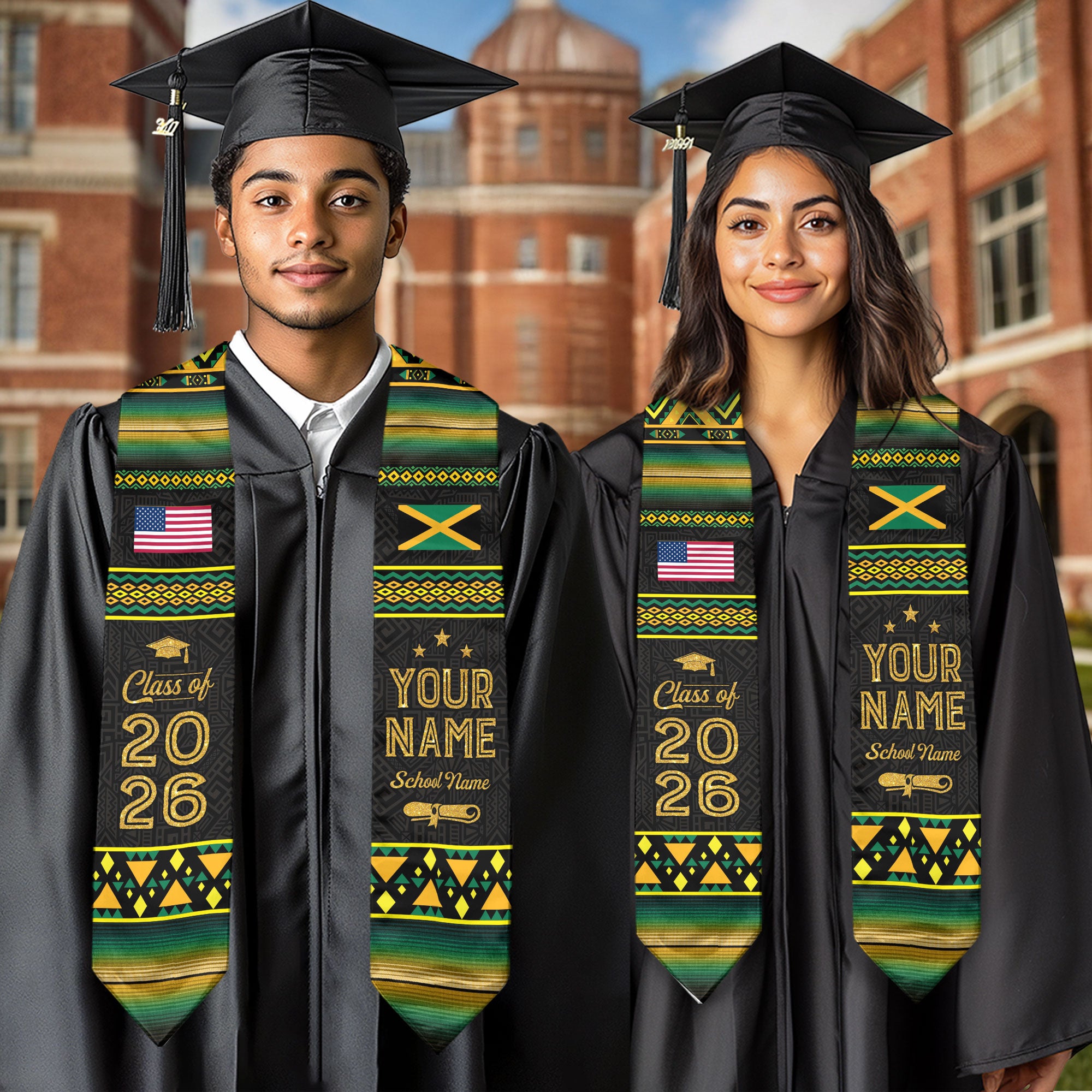 Jamaican Flag Graduation Stole 2026, Jamaica Stole Sash, Custom Finish for Graduates
