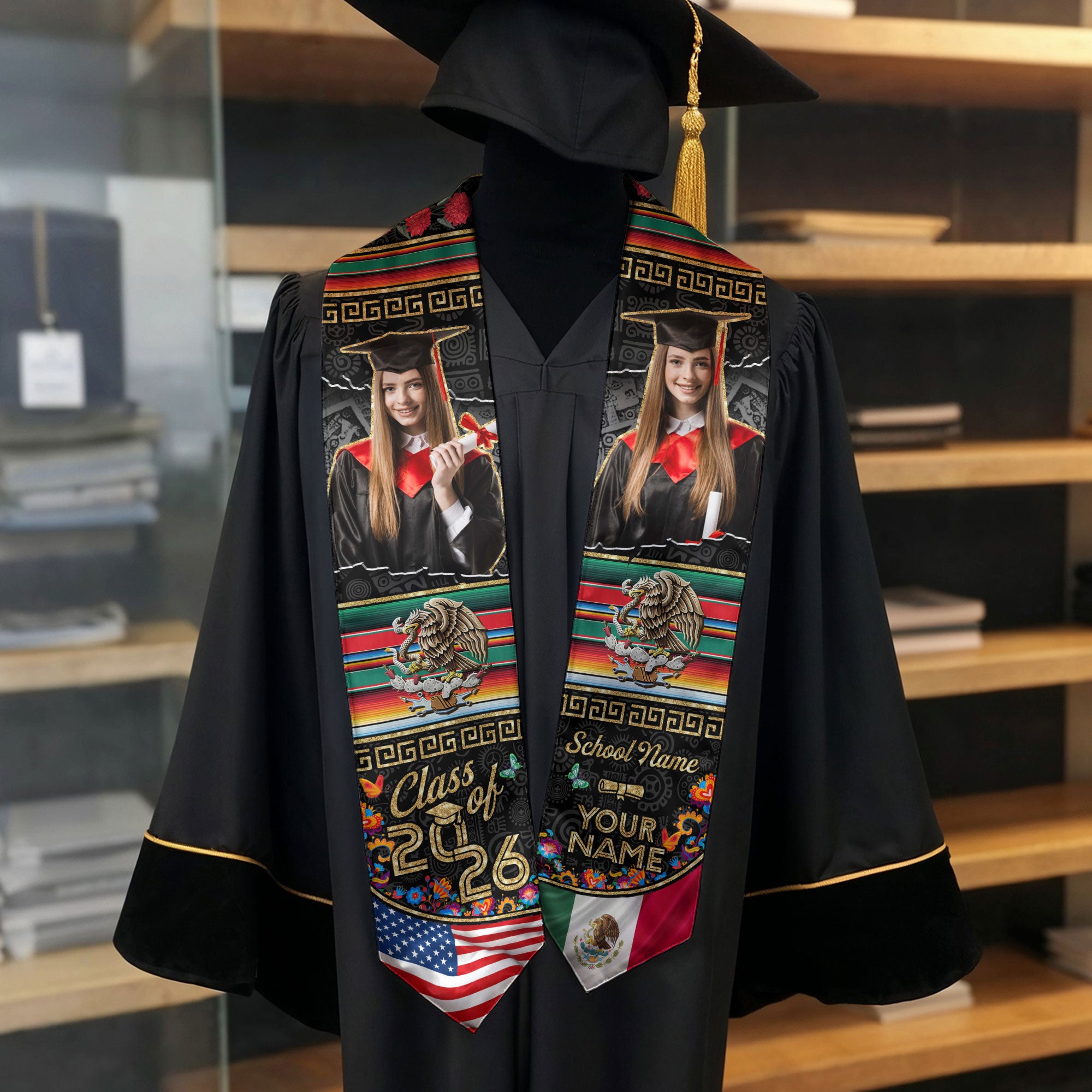 Mexico Flag Graduation Sash 2026, Mexican Grad Stole, Custom Accent Detail for Grads