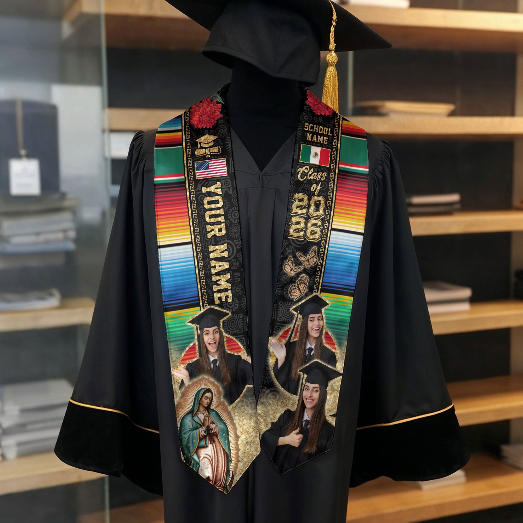 Mexican Flag Graduation Stole 2026, Mexico Stole Sash, Custom Detail Choice for 2026