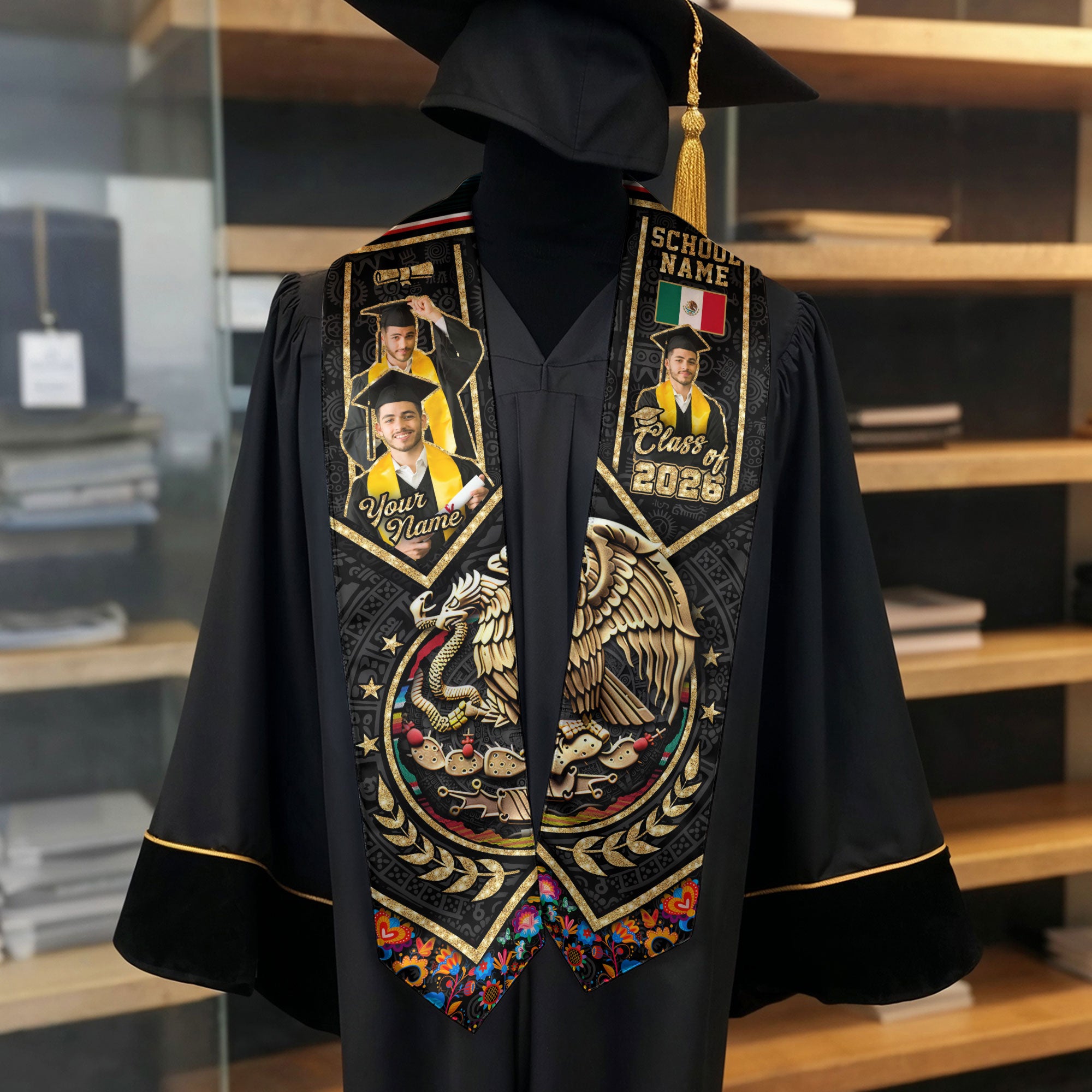 Mexico Graduation Stole 2026, Mexican Flag Sash, Graduation Stole with Custom Accent