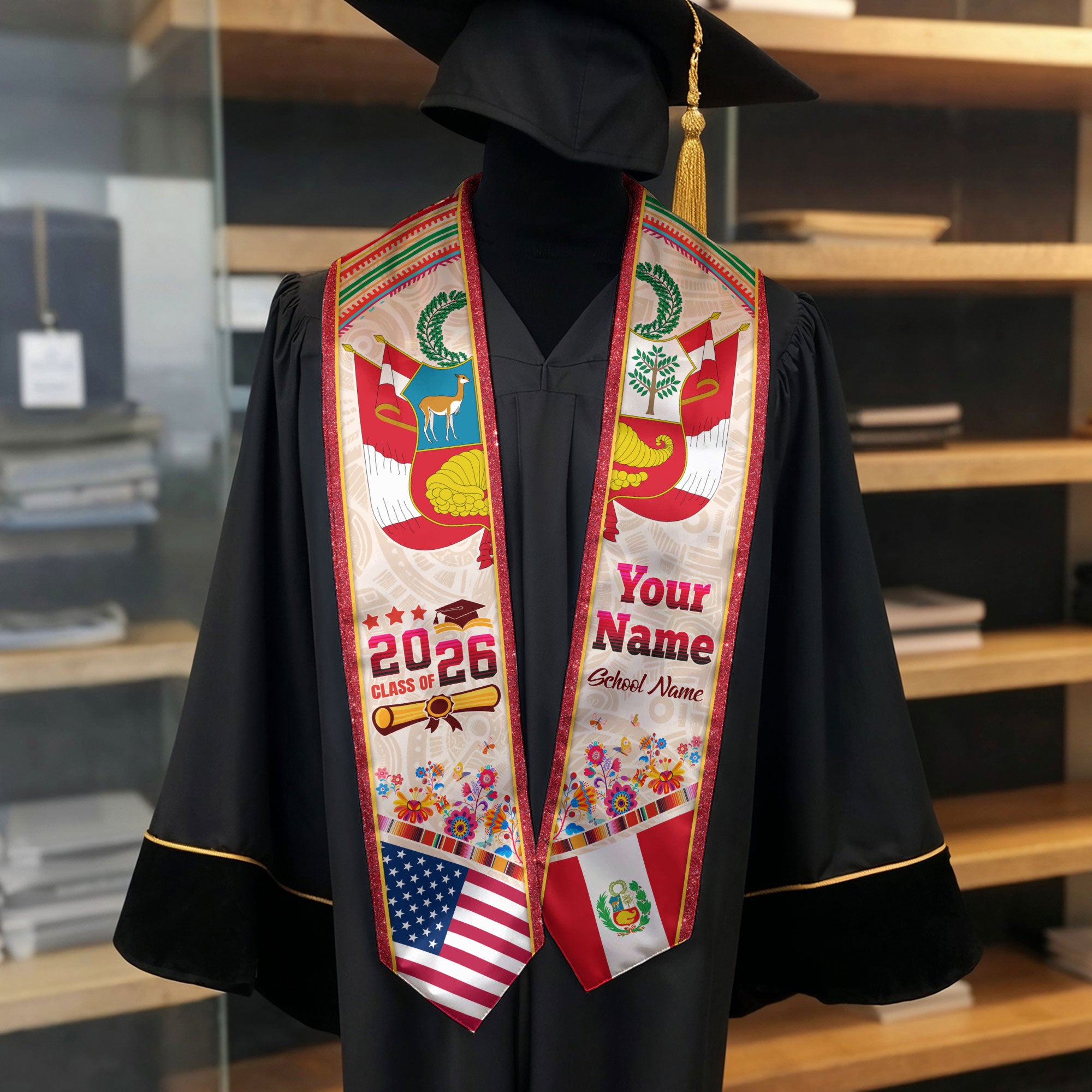 Peru Graduation Stole 2026, Peruvian Flag Sash, Tailored Detail for Class of 2026 Grads