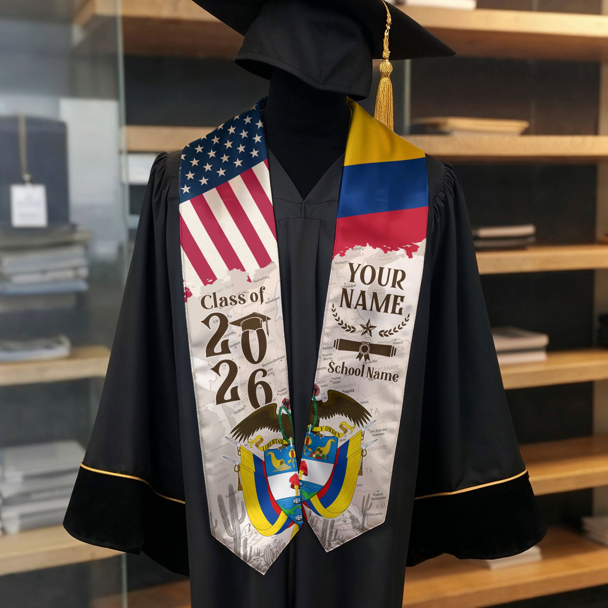 Colombian Flag Graduation Sash 2026, Colombia Graduation Stole, Custom Detail for Grads