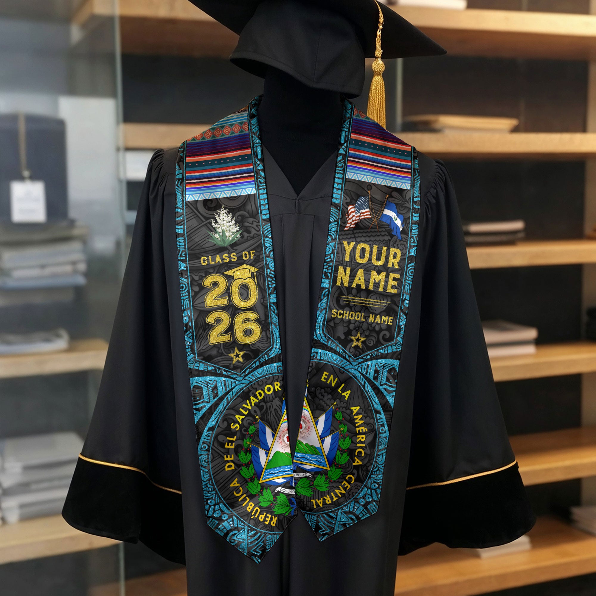 El Salvador Graduation Sash 2026, Salvadoran Flag Graduation Stole, Personalized Detail