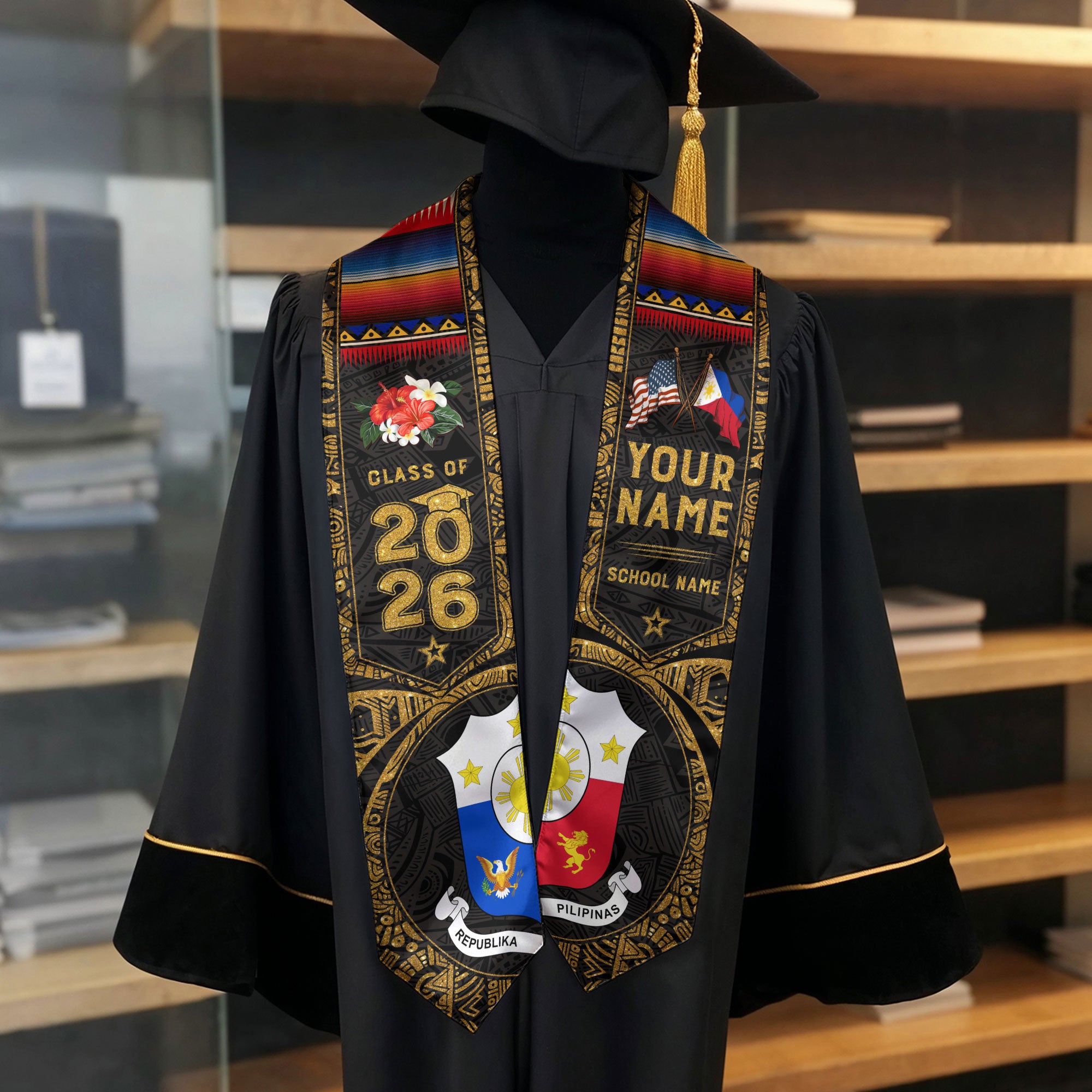 Philippines Graduation Stole 2026, Filipino Flag Sash, Tailored Detail for Class of 2026