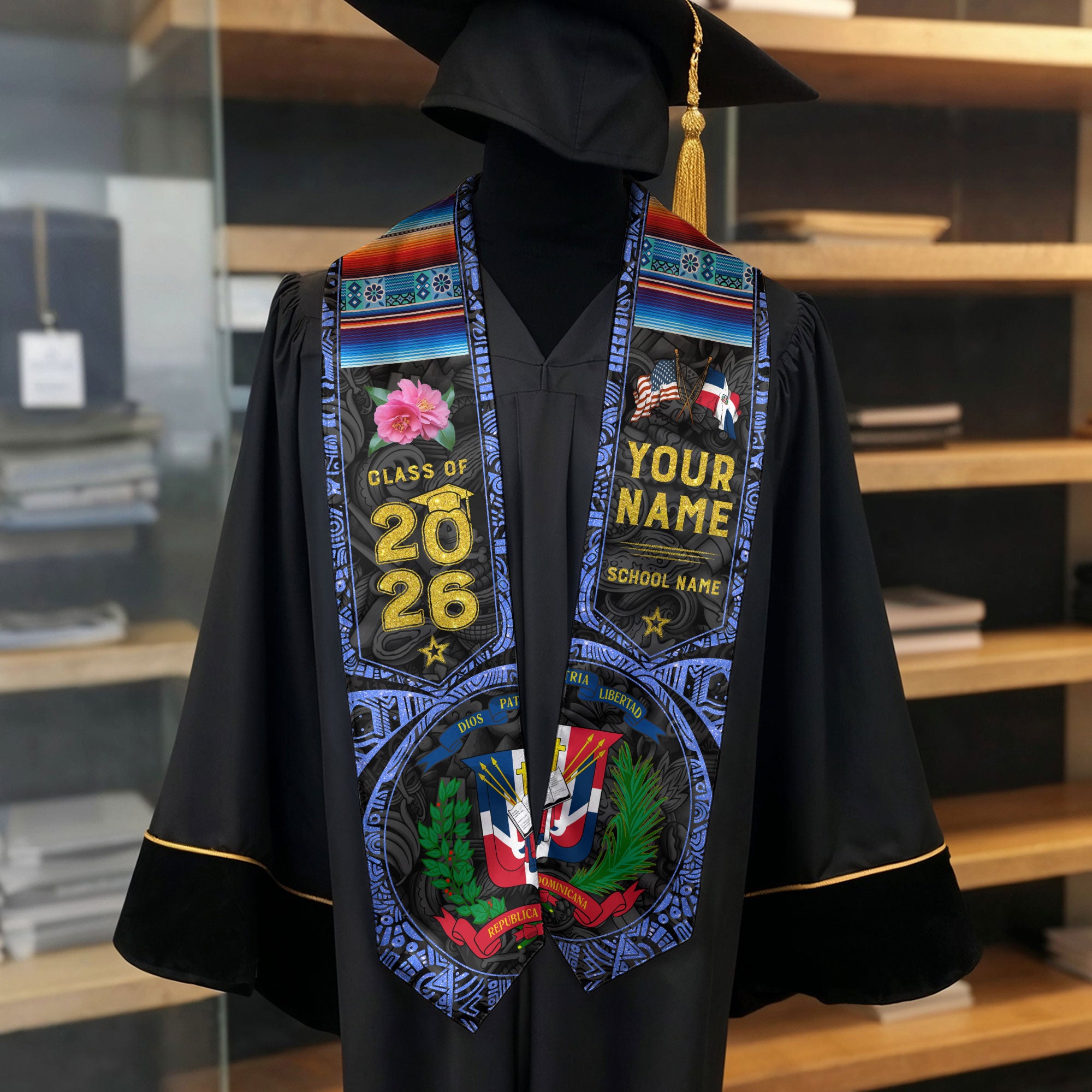 Dominican Graduation Sash 2026, Dominican Flag Graduation Stole, Personalized Detail