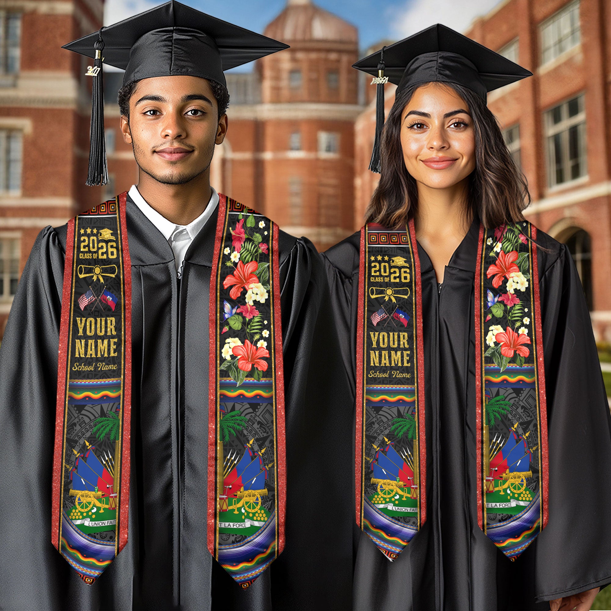 Haitian Flag Graduation Stole 2026, Haiti Stole Sash, Custom Finish for Graduates