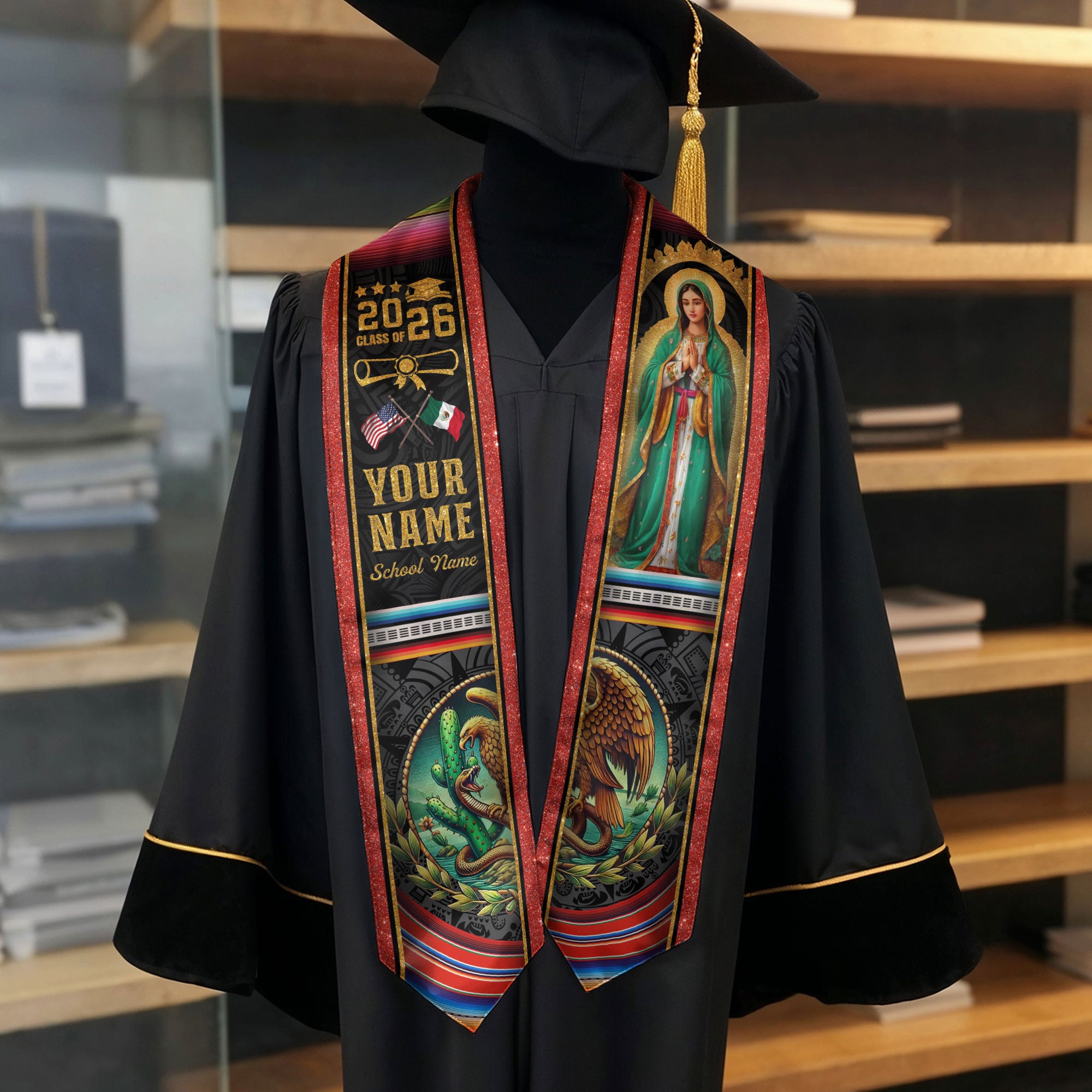 Mexican Flag Graduation Stole 2026, Mexico Stole Sash, Custom Finish for Graduates 2026