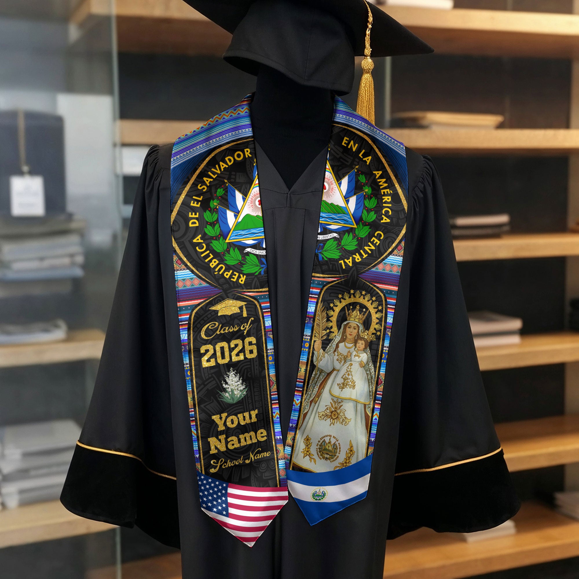 El Salvador Graduation Stole 2026, Salvadoran Flag Sash, Custom-Ready Style for 2026