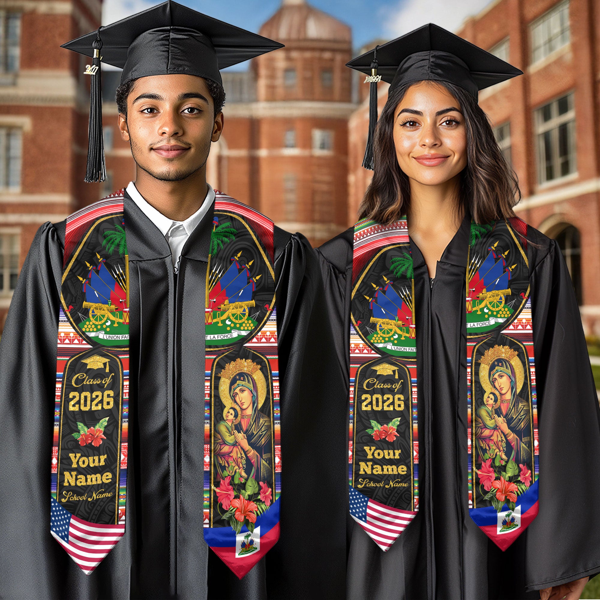 Haitian Graduation Stole 2026, Haiti Flag Sash, Custom Detail Choice for Class of 2026