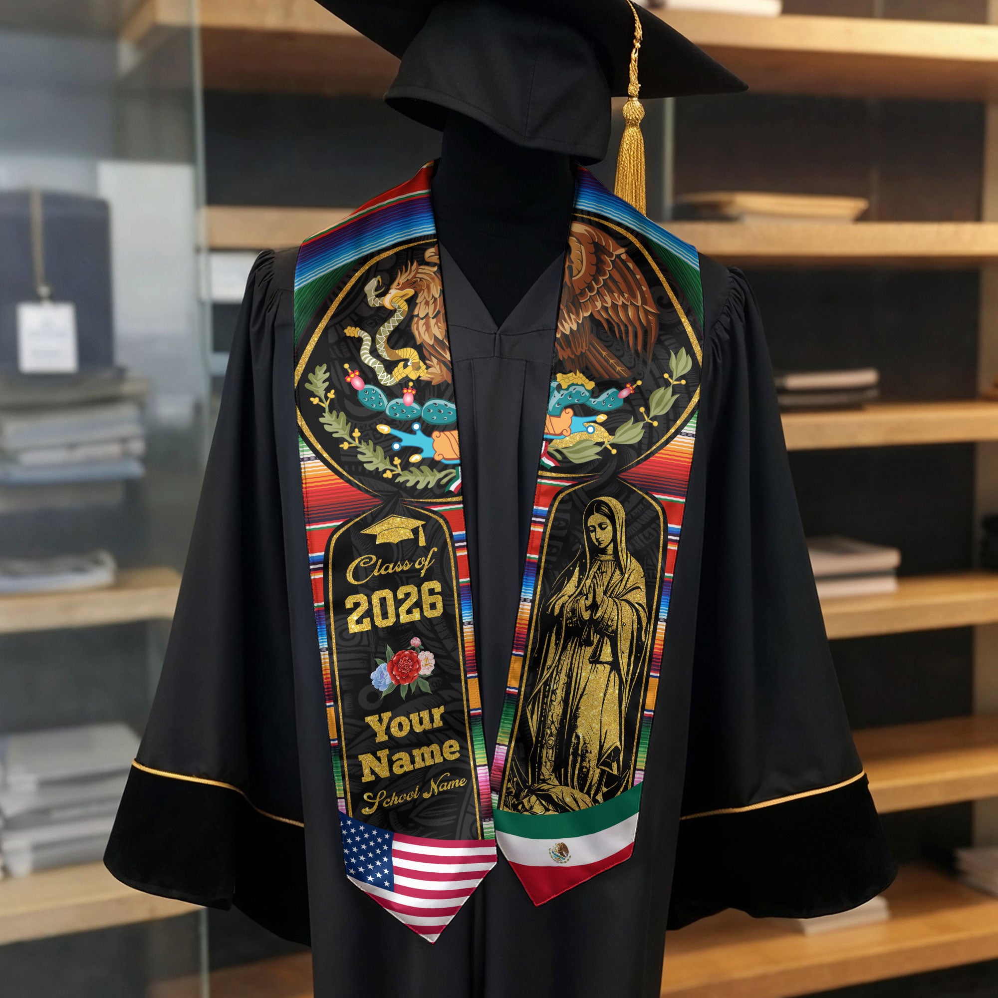 Mexican Graduation Stole 2026, Mexico Flag Sash, Custom Detail Choice for Class of 2026