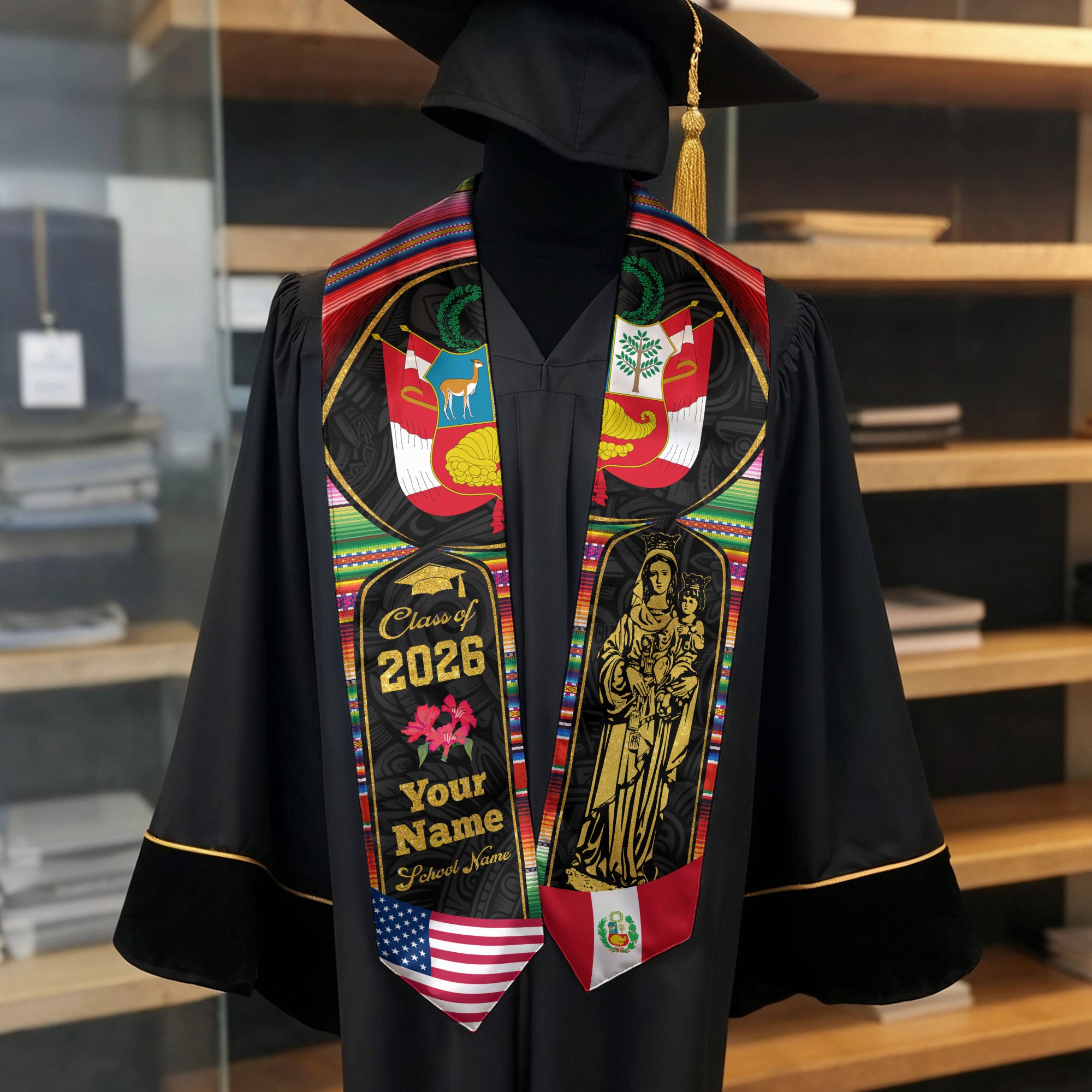 Peru Graduation Sash 2026, Peruvian Flag Stole, Custom Touch Graduation Stole 2026