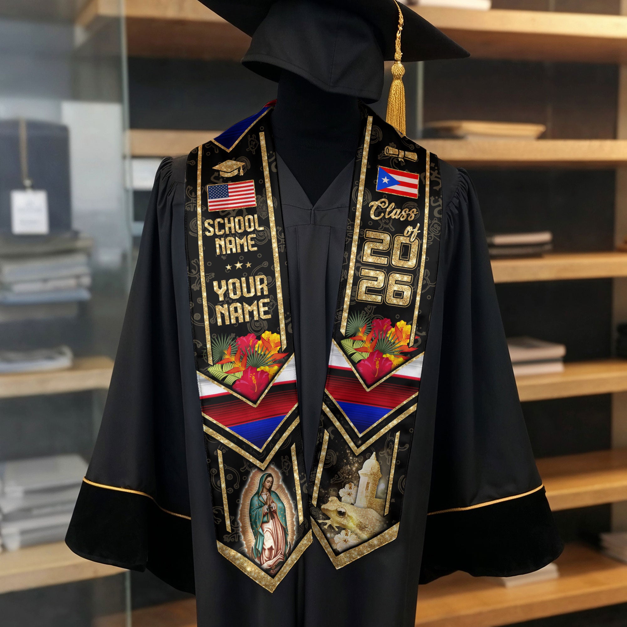 Puerto Rico Graduation Stole 2026, Puerto Rican Flag Sash, Tailored Detail for Grads