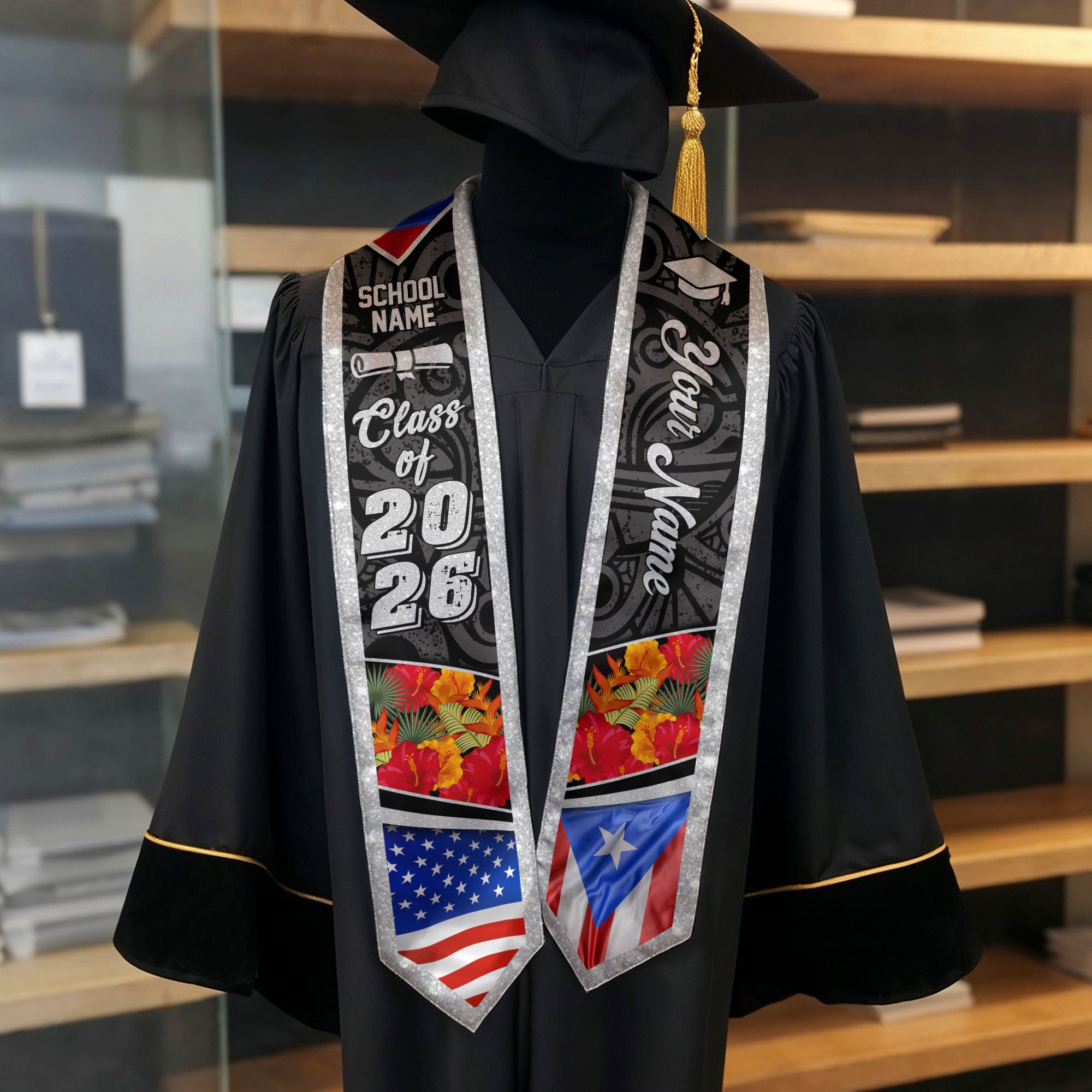 Puerto Rican Flag Graduation Sash 2026, Puerto Rico Stole, Bespoke Touch Accessory