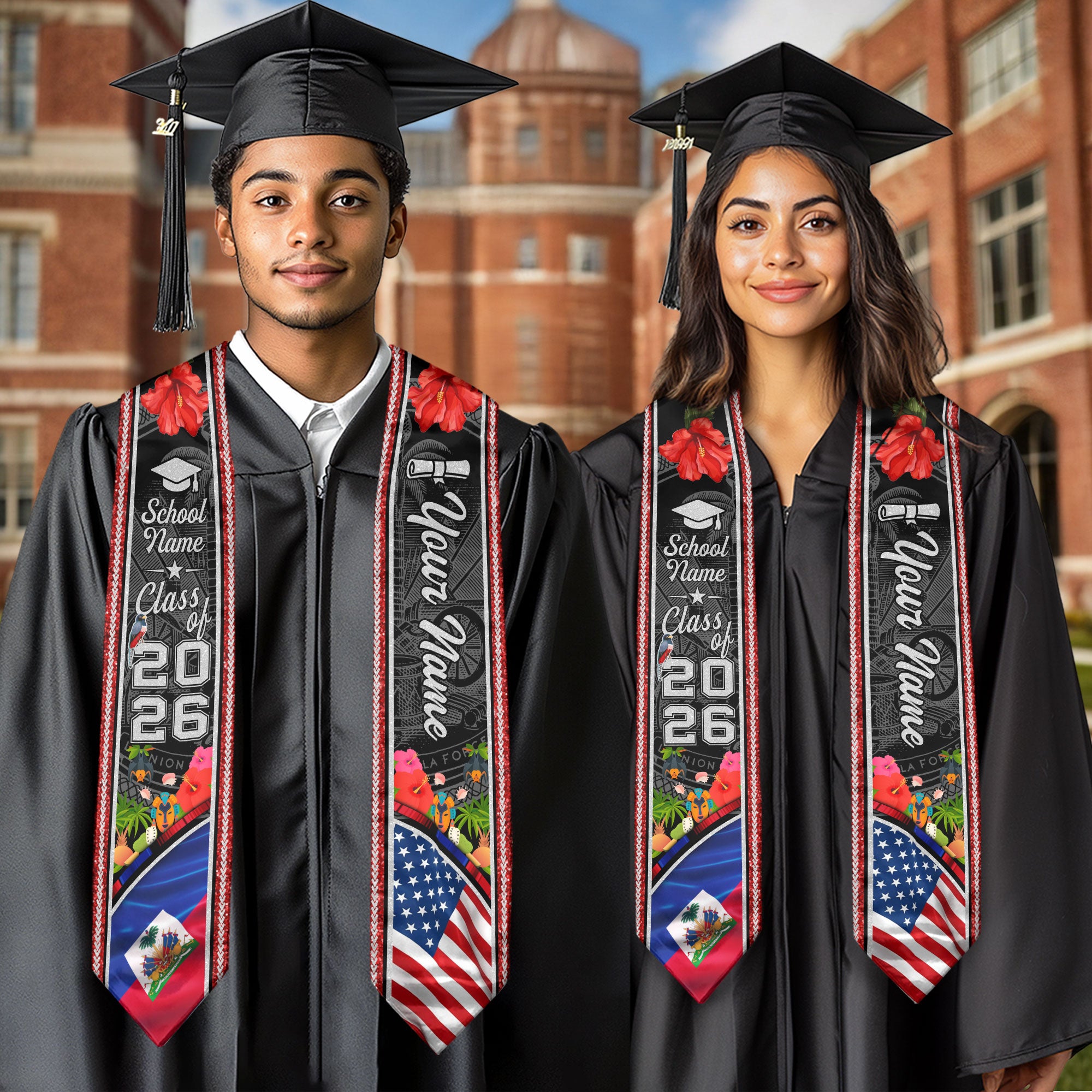 Haiti Flag Graduation Stole 2026, Haitian Grad Sash, Signature Detail for Class of 2026