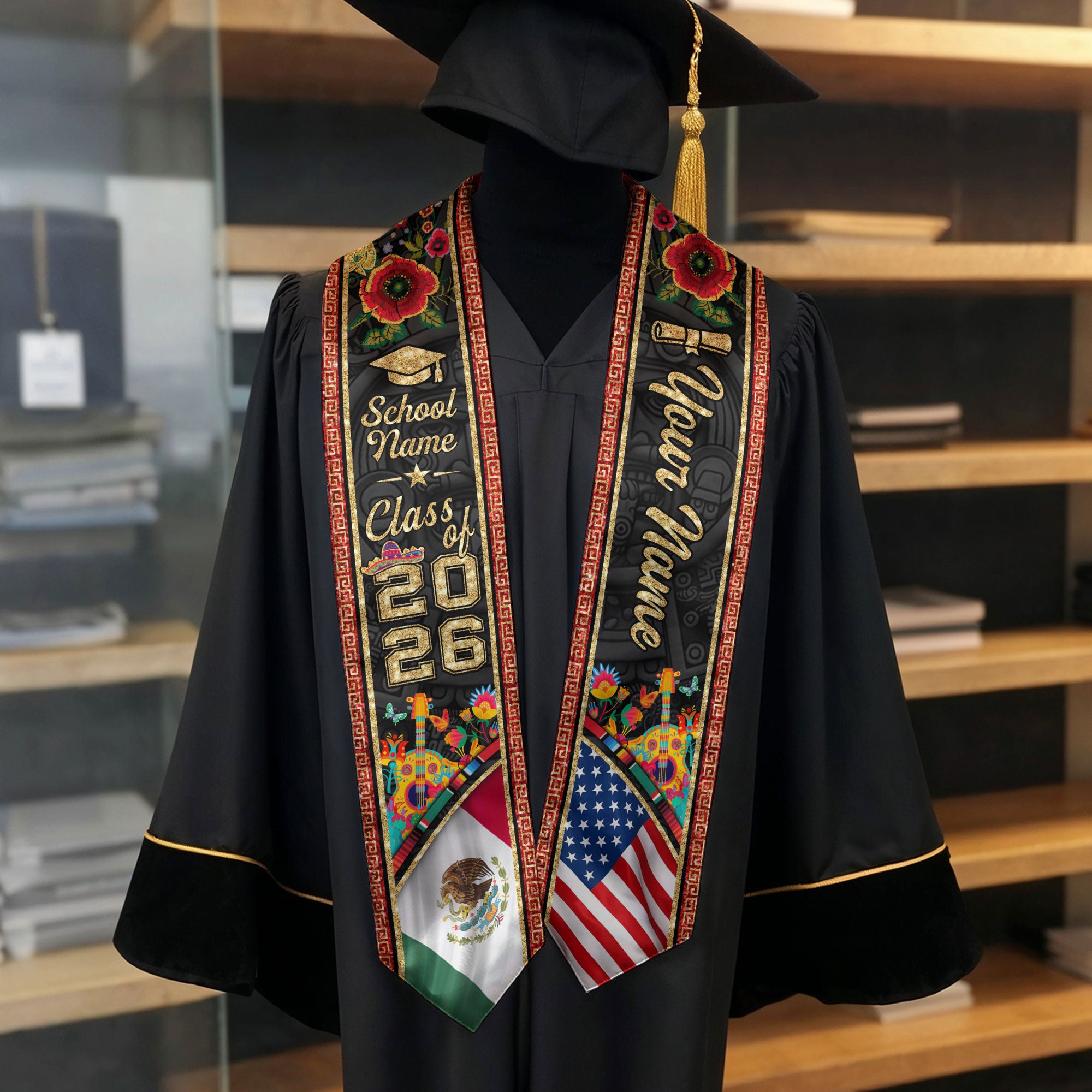 Mexican American Flag Graduation Sash 2026, Mexican Stole, Mexico Graduation Stole, Mexican Stole