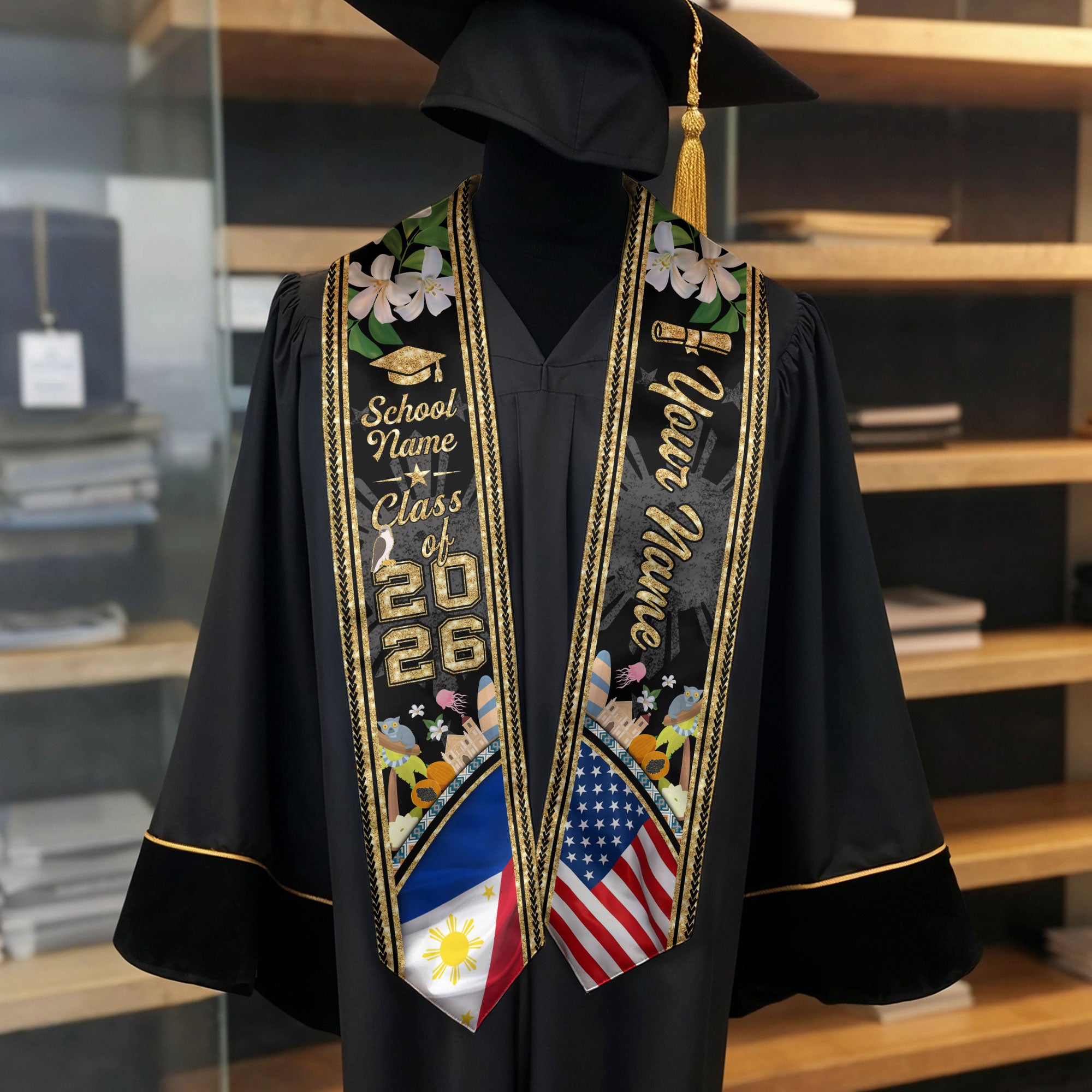 Philippines Flag Graduation Stole 2026, Filipino Grad Sash, Custom-Ready Graduation Style