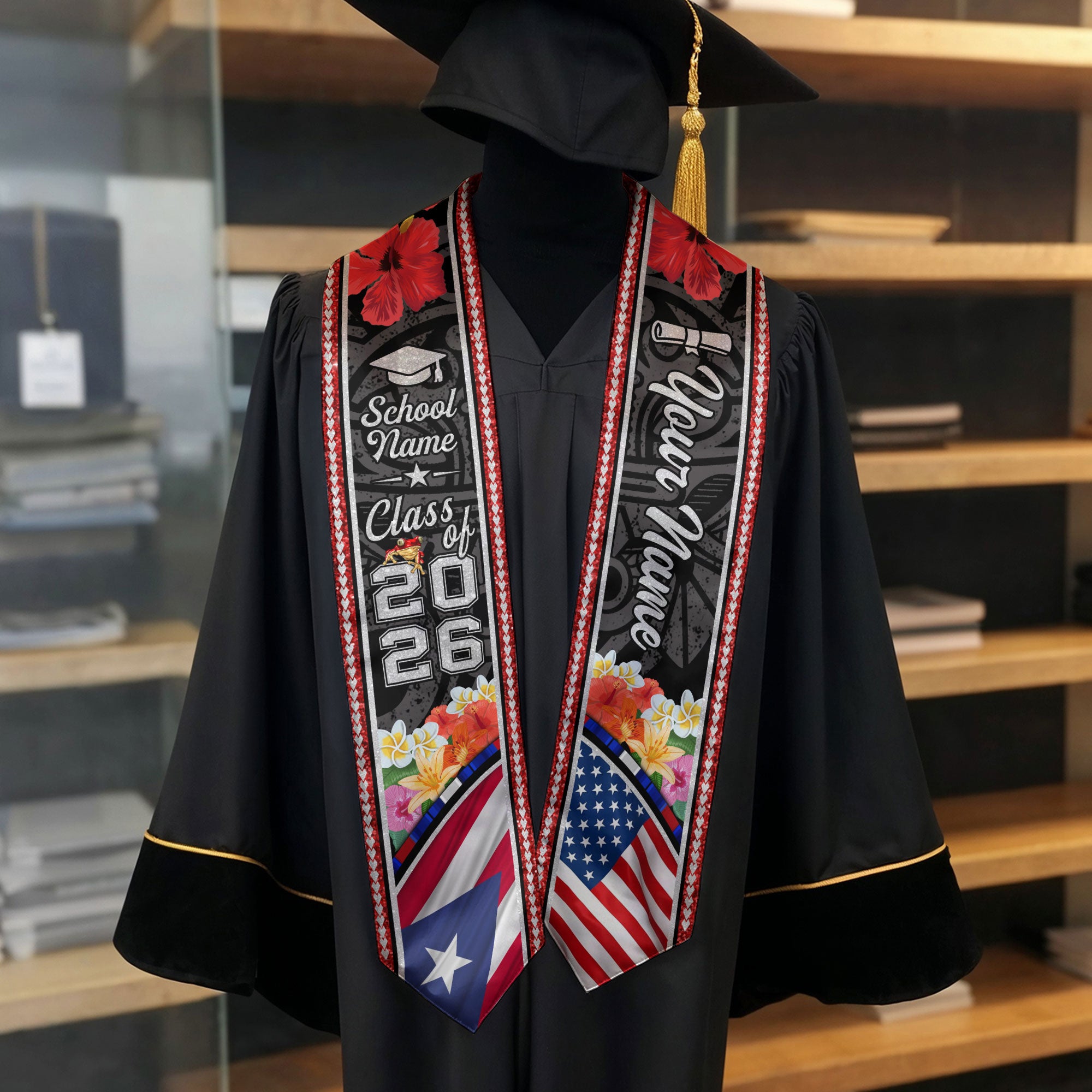 Class of 2026 Puerto Rico Graduation Sash, Puerto Rican Flag Stole, Custom-Ready Style
