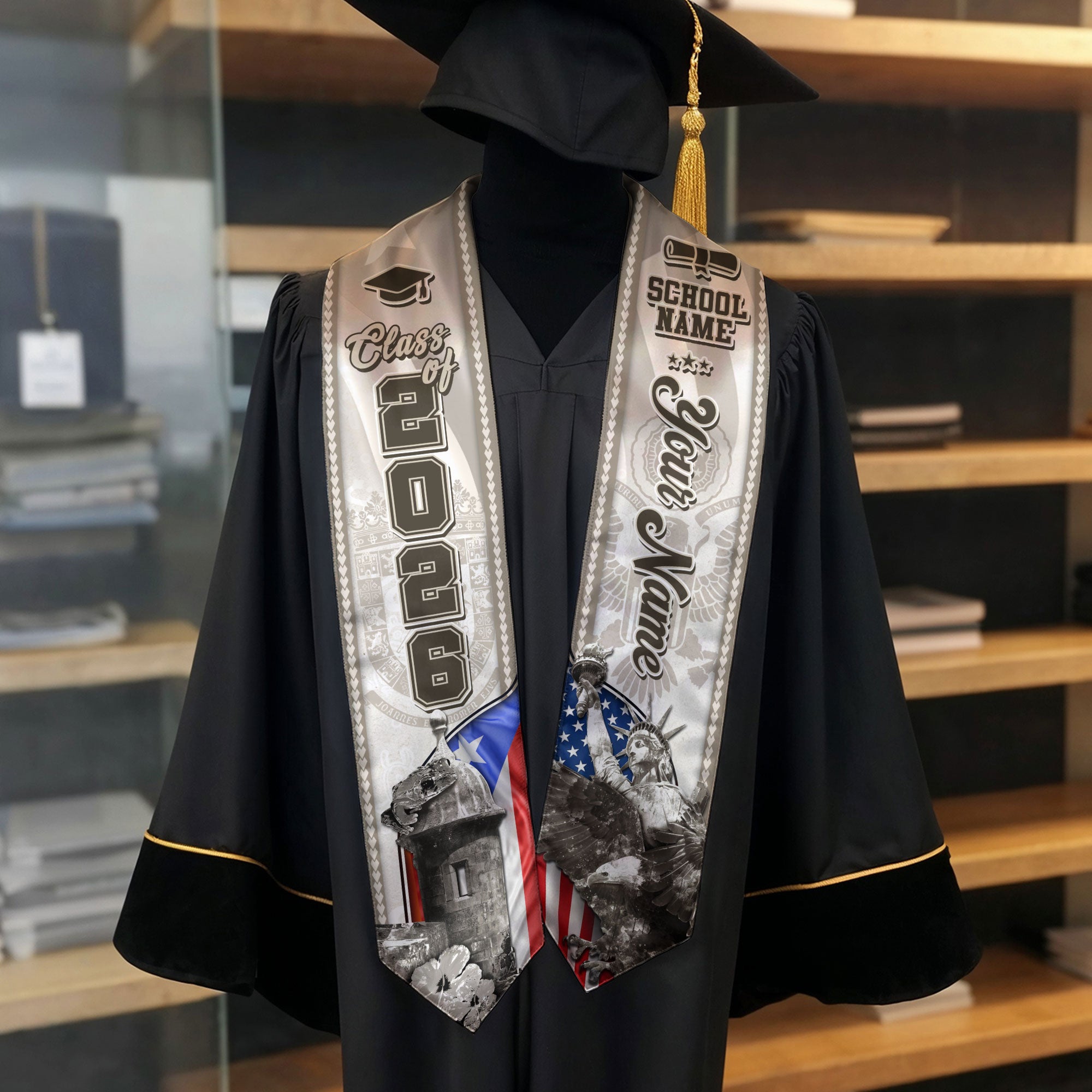 Puerto Rico Flag Graduation Stole 2026, Puerto Rican Sash, Signature Custom Finish
