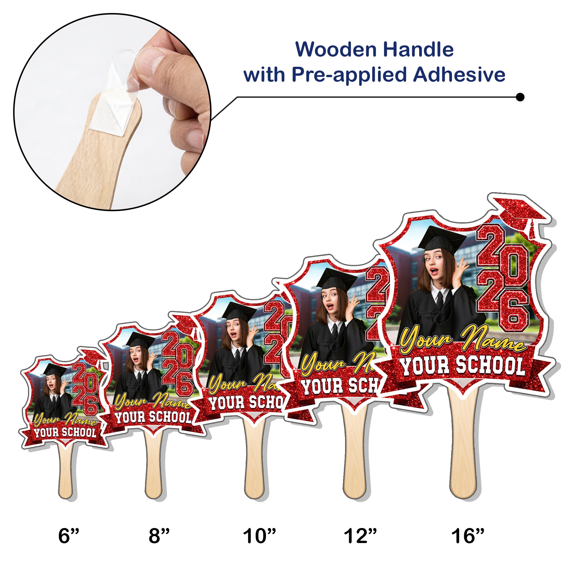 Custom Graduation Face Fan 2026 With Photo Glitter Floral Pattern Big Head On Stick Custom