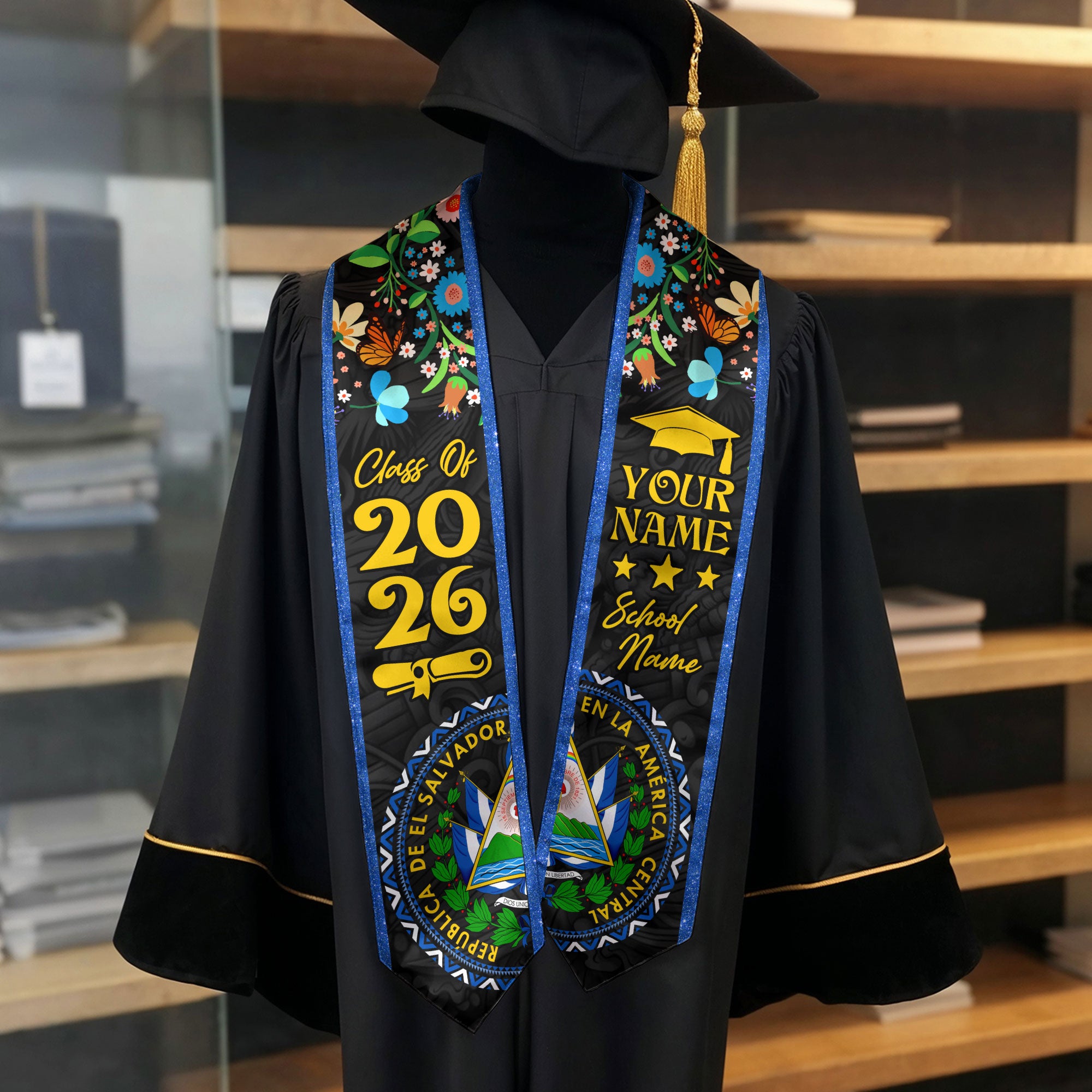 El Salvador Graduation Stole 2026, Salvadoran Flag Sash, Personal Detail Option for Grads