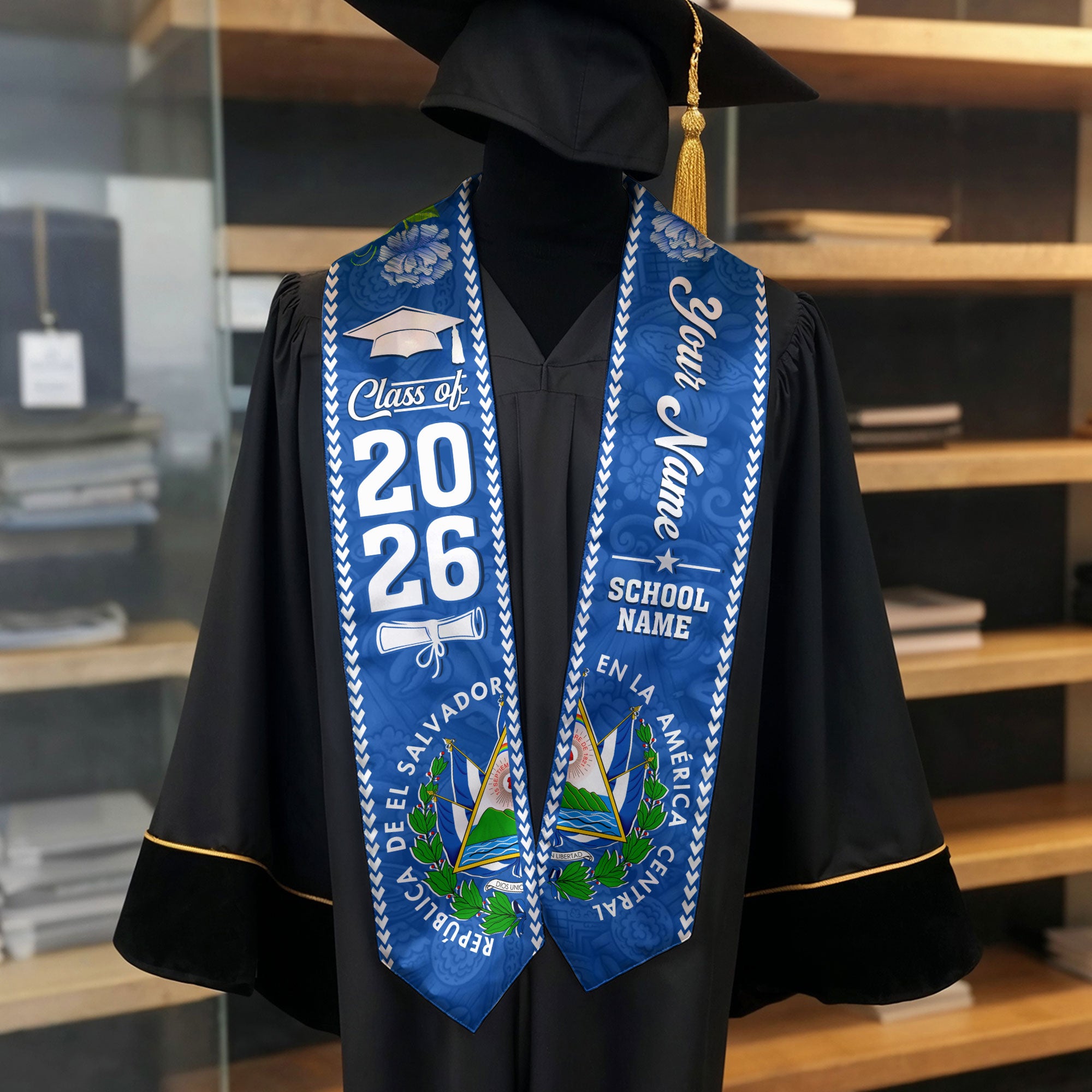 2026 Salvadoran Flag Graduation Sash, El Salvador Stole, Personalized Finish for Graduates