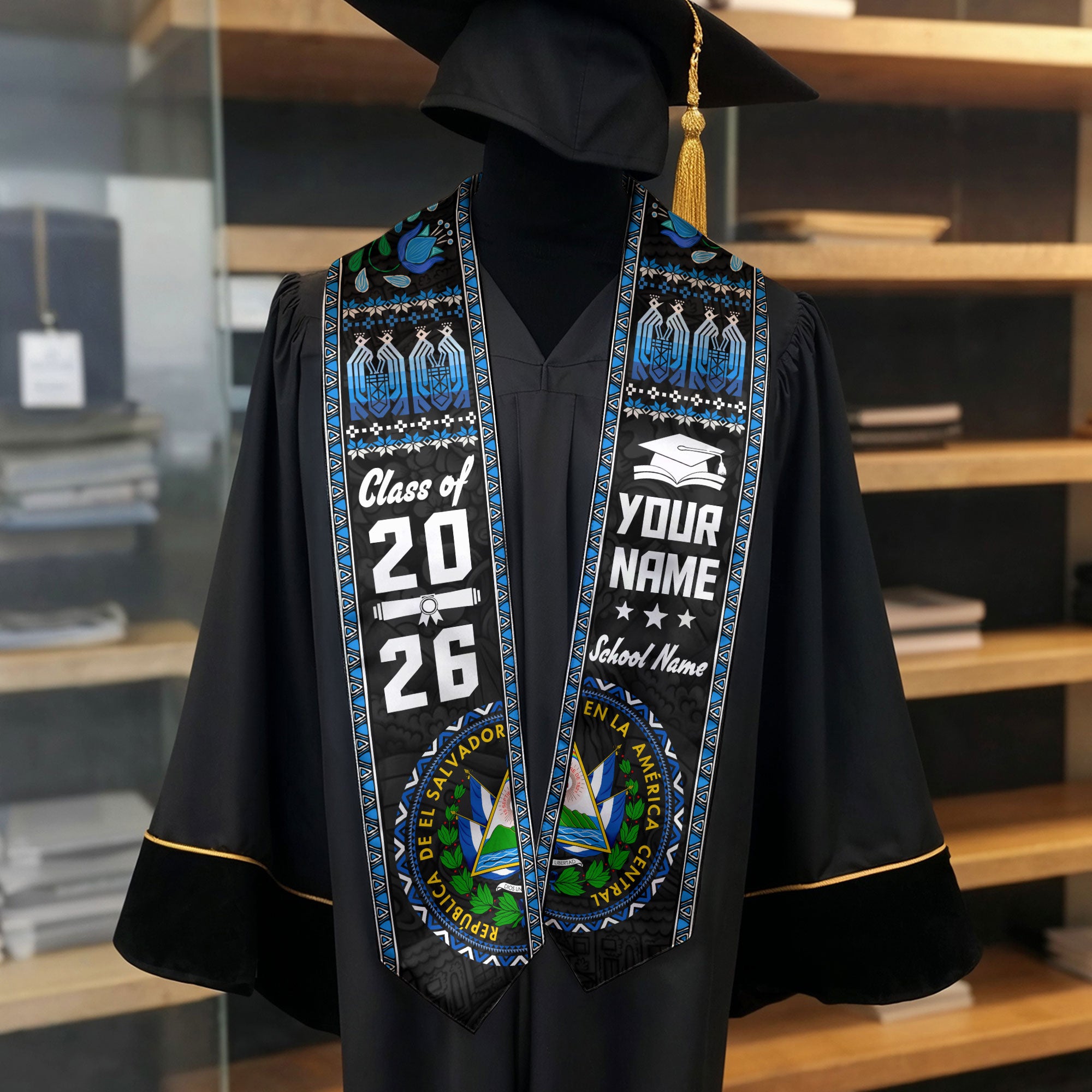 El Salvador Flag Graduation Stole 2026, Salvadoran Sash, Add Your Name Detail Option