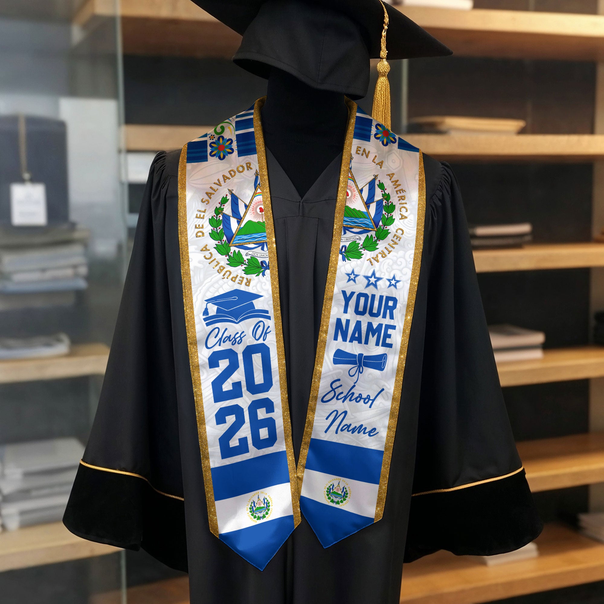2026 El Salvador Graduation Sash, Salvadoran Flag Stole, Custom Detail Style for Grads
