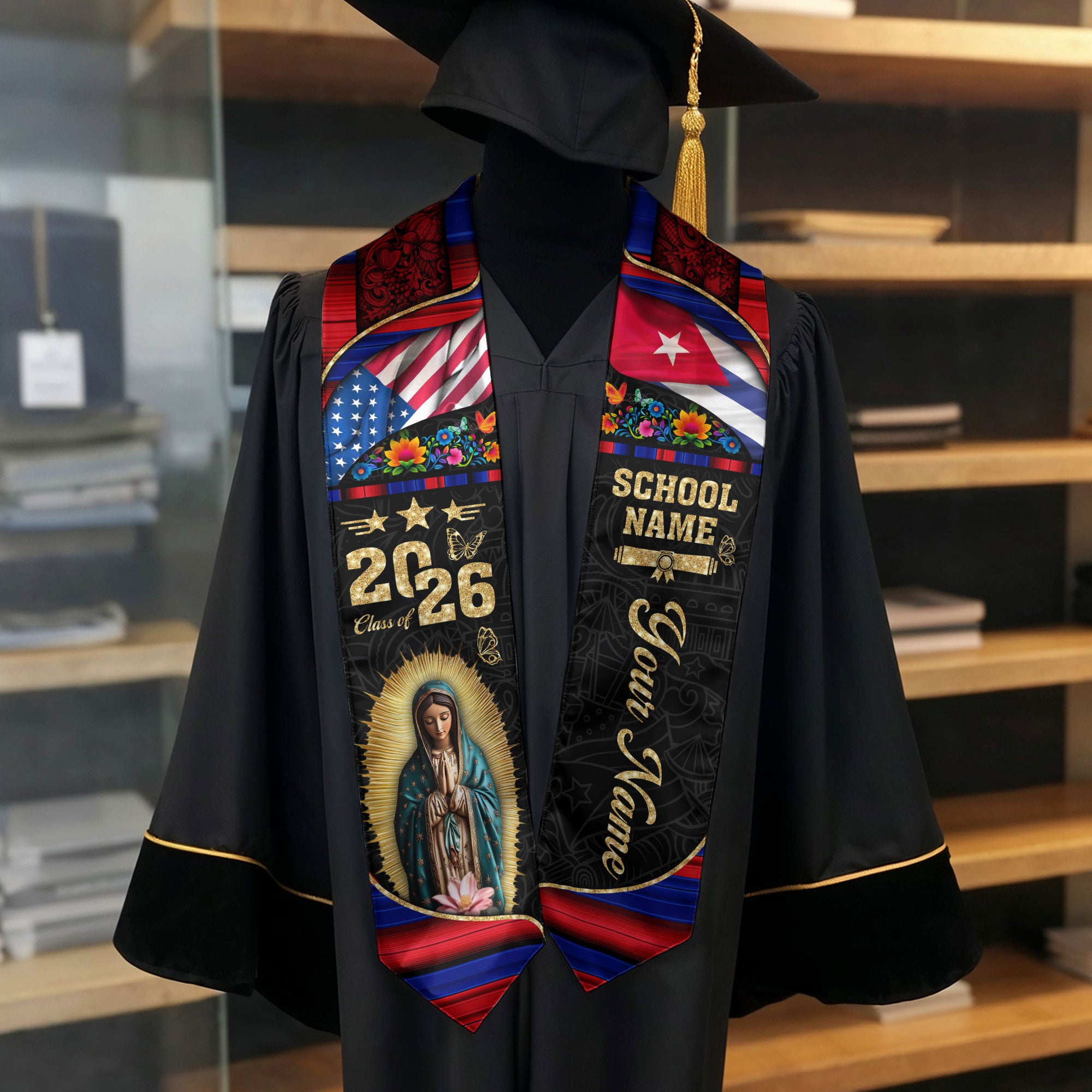 Customized Cuba Graduation Stole with Patriotic Flag Accents, Graduation Sash for Class of 2026