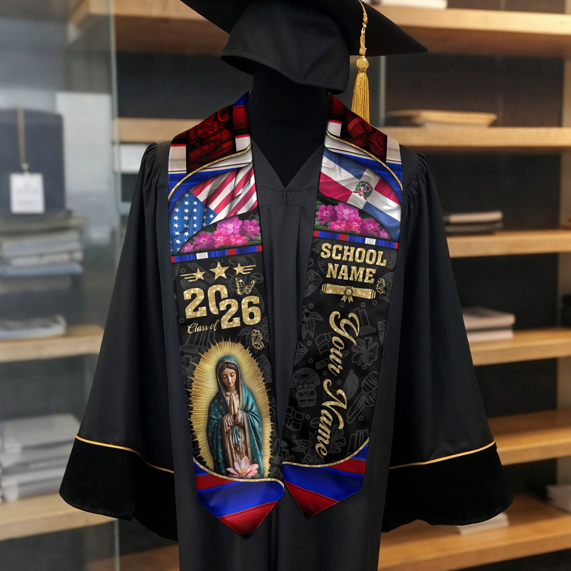 Customized Dominican Graduation Stole Highlighting Flag Colors, Graduation Sash Class of 2026