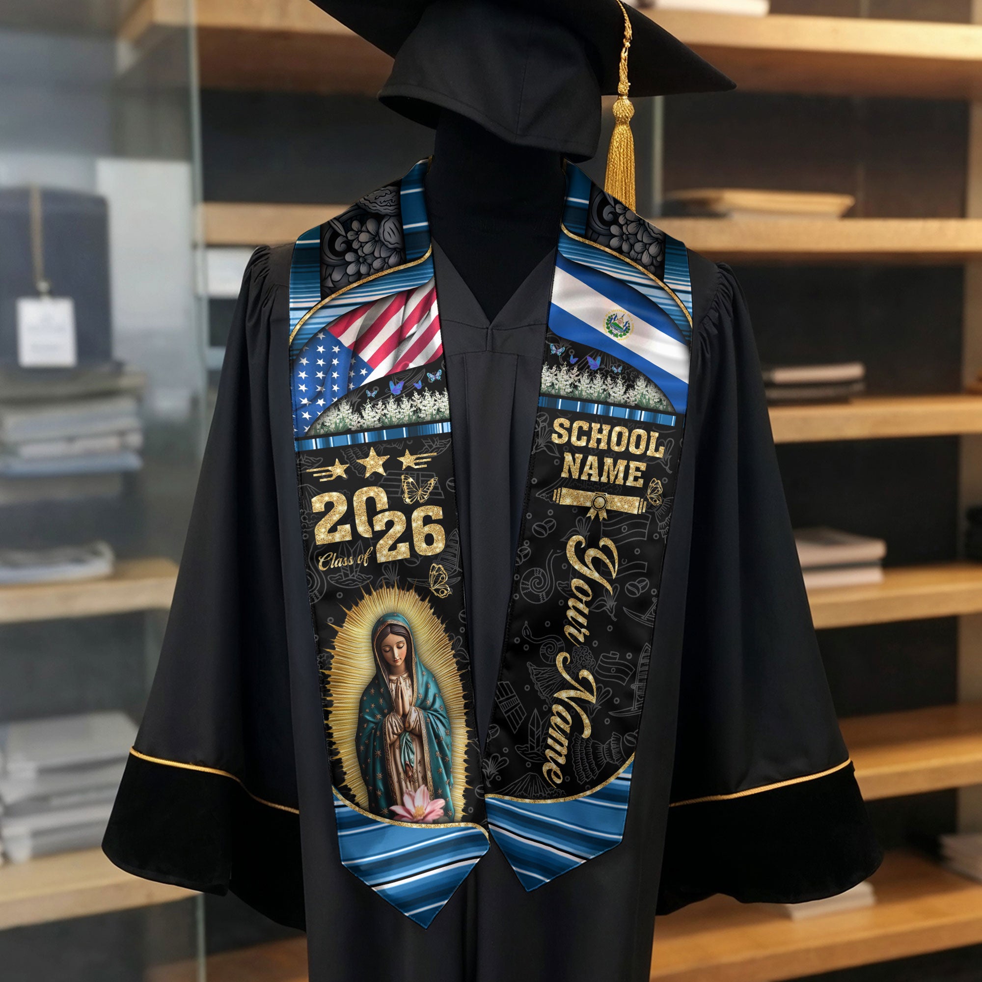 Customized El Salvador Graduation Stole with National Pride Flag Design, Graduation Sash 2026