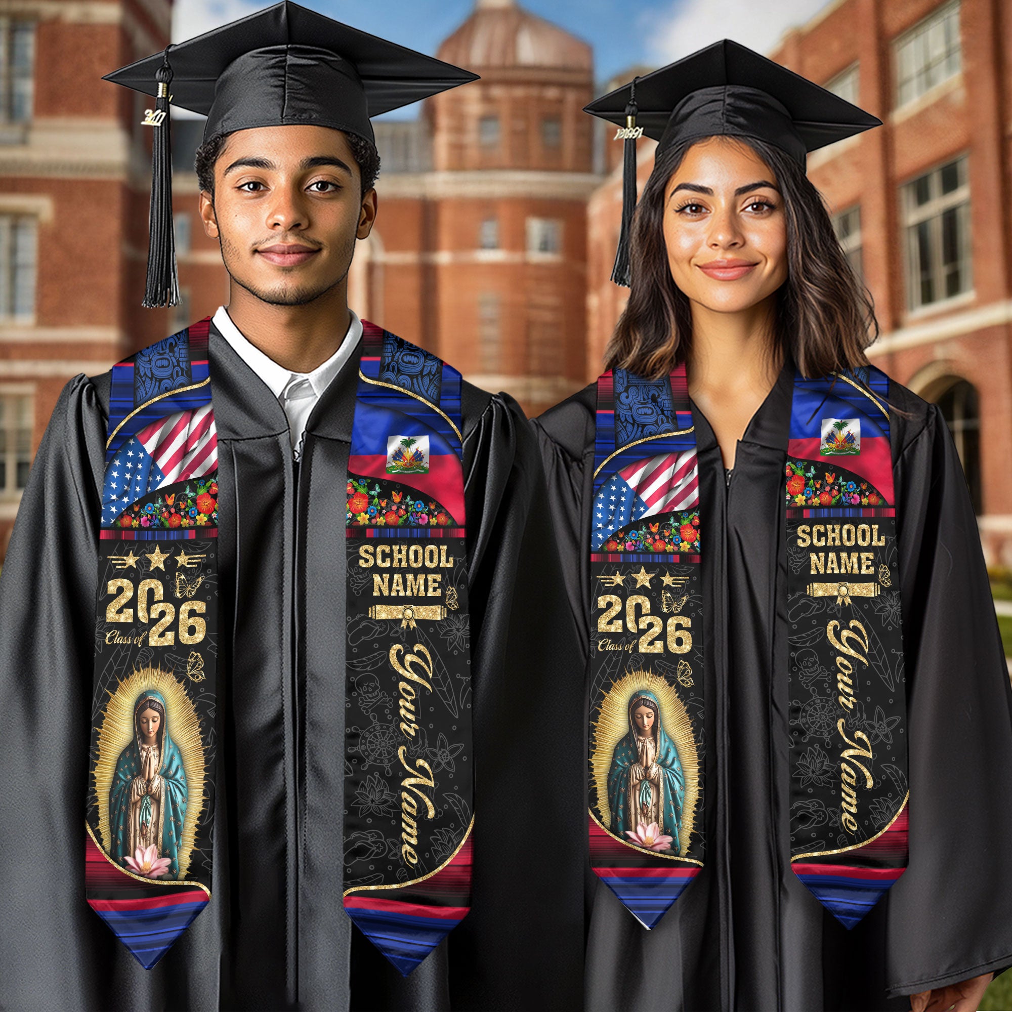 Customized Haiti Graduation Stole Featuring National Flag Pattern, Graduation Sash Class of 2026