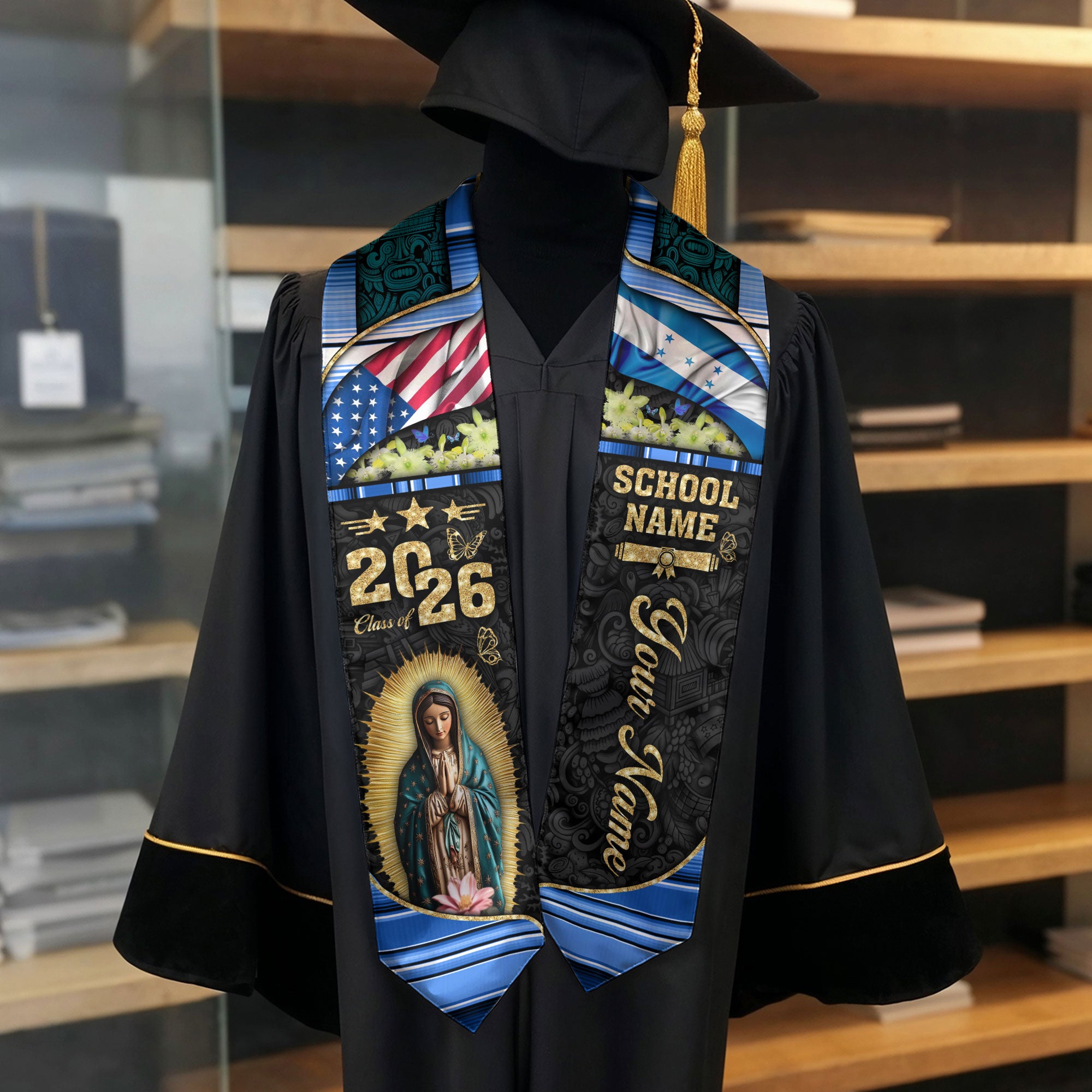 Customized Honduras Graduation Stole with Traditional Flag Motif, Graduation Sash for Class of 2026