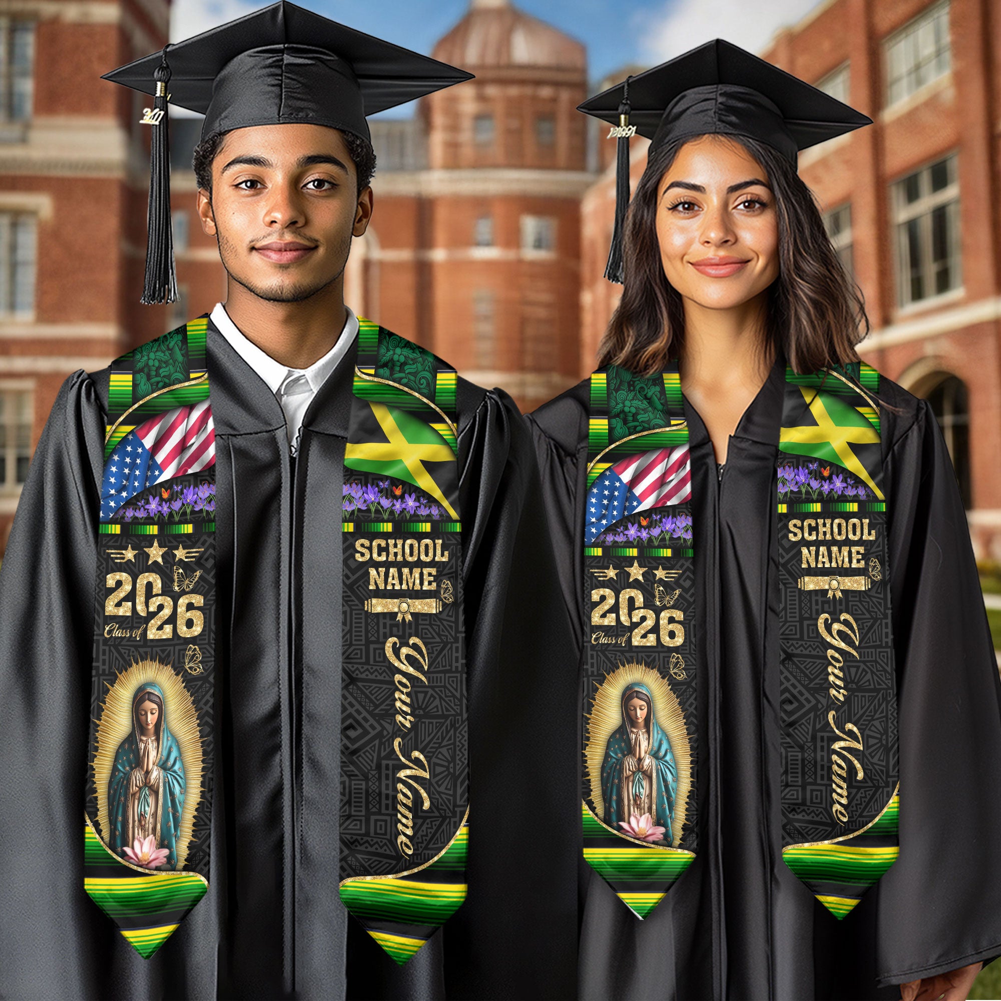 Customized Jamaica Graduation Stole Featuring Bold Flag Details, Graduation Sash Class of 2026